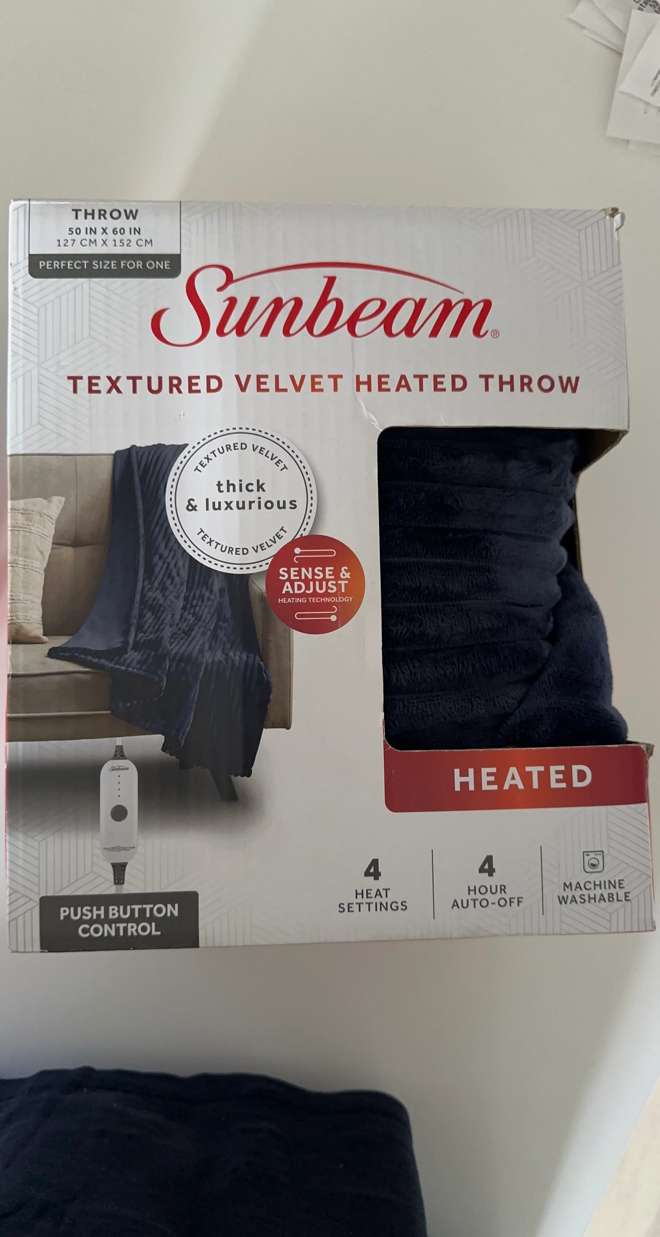 Sunbeam Textured Velvet Heated Throw - Navy