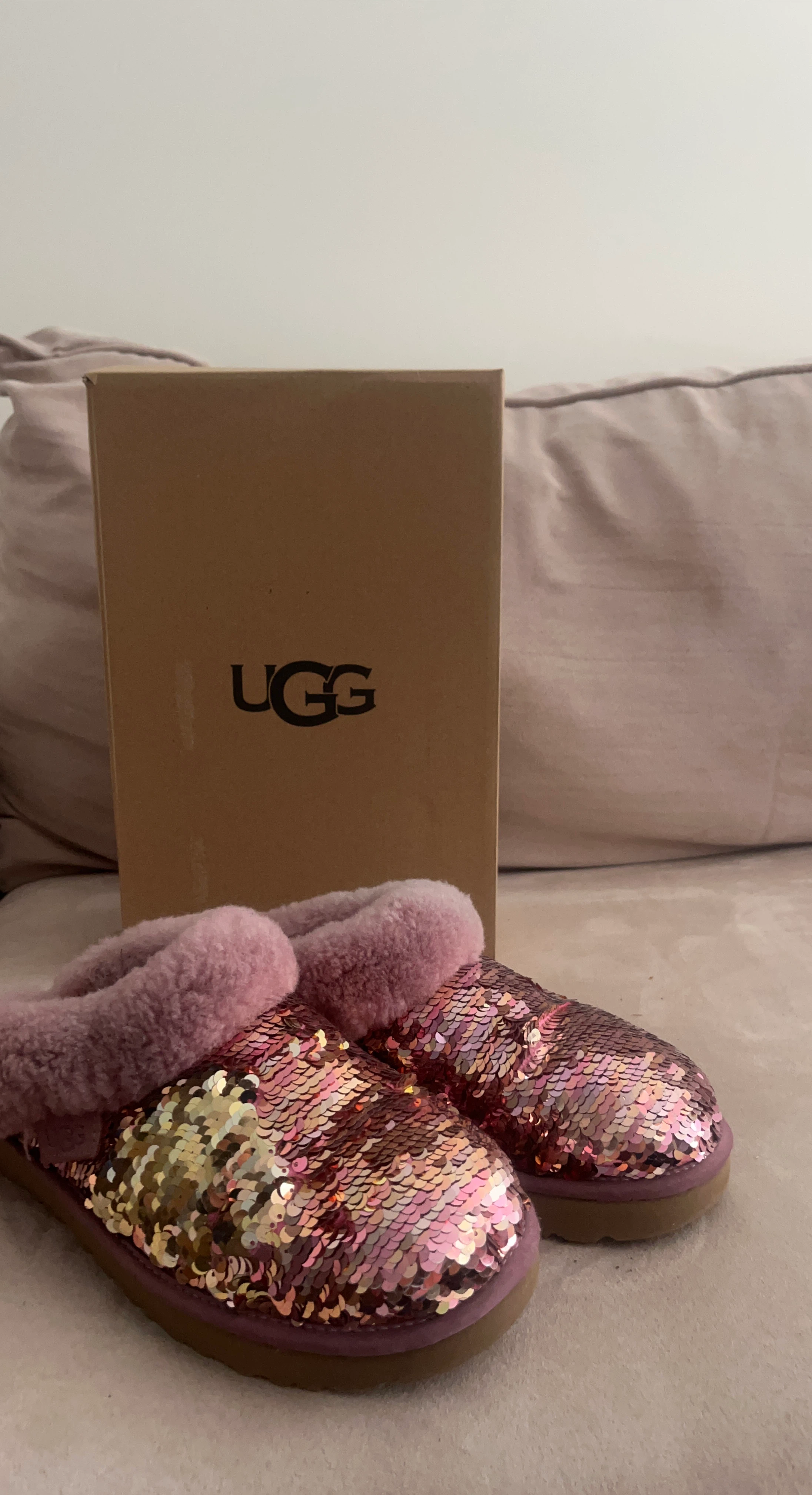 UGG Pink Sequin Slippers with Shearling Trim