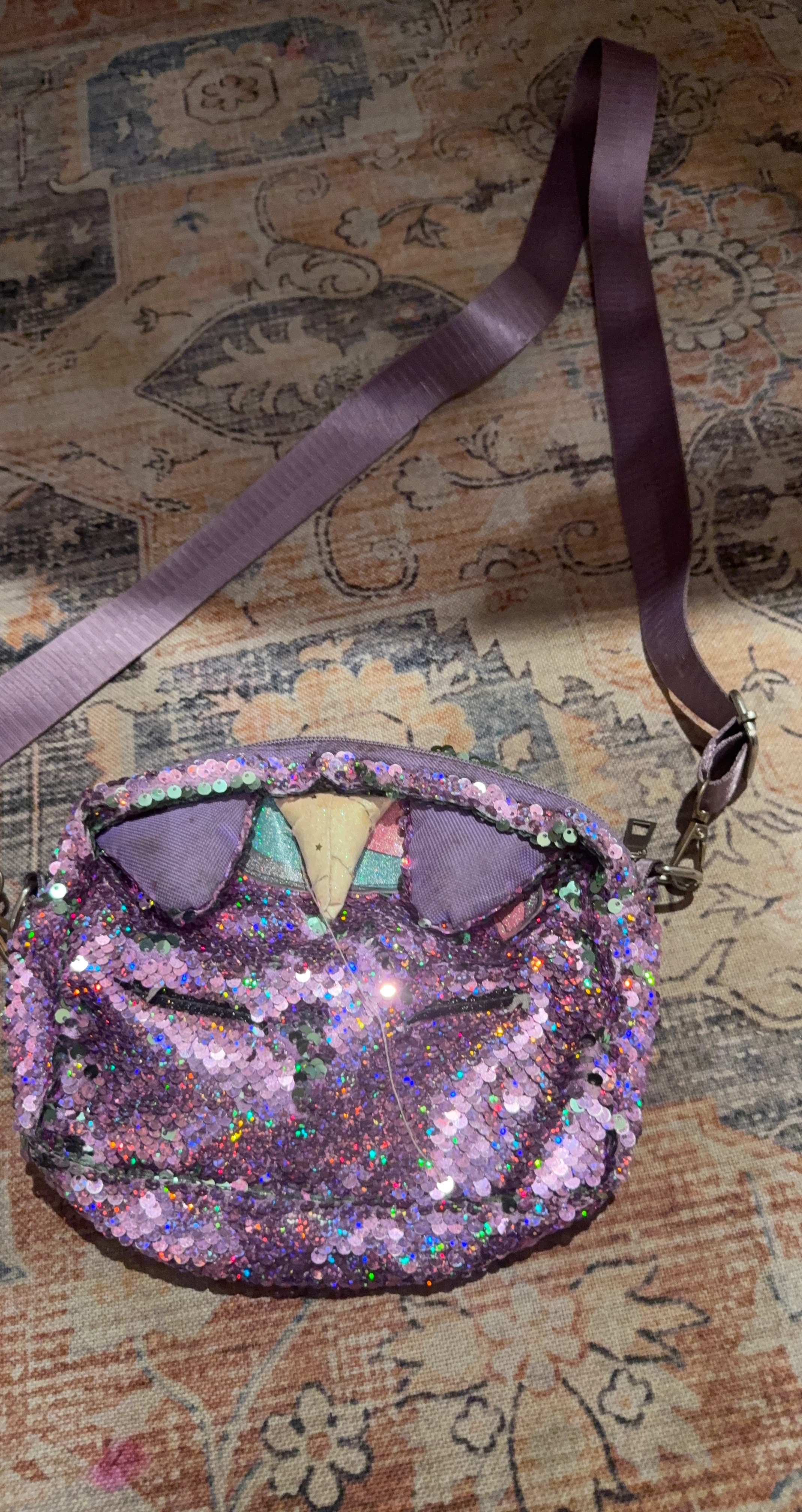 Purple Sequin Cat Face Crossbody Bag