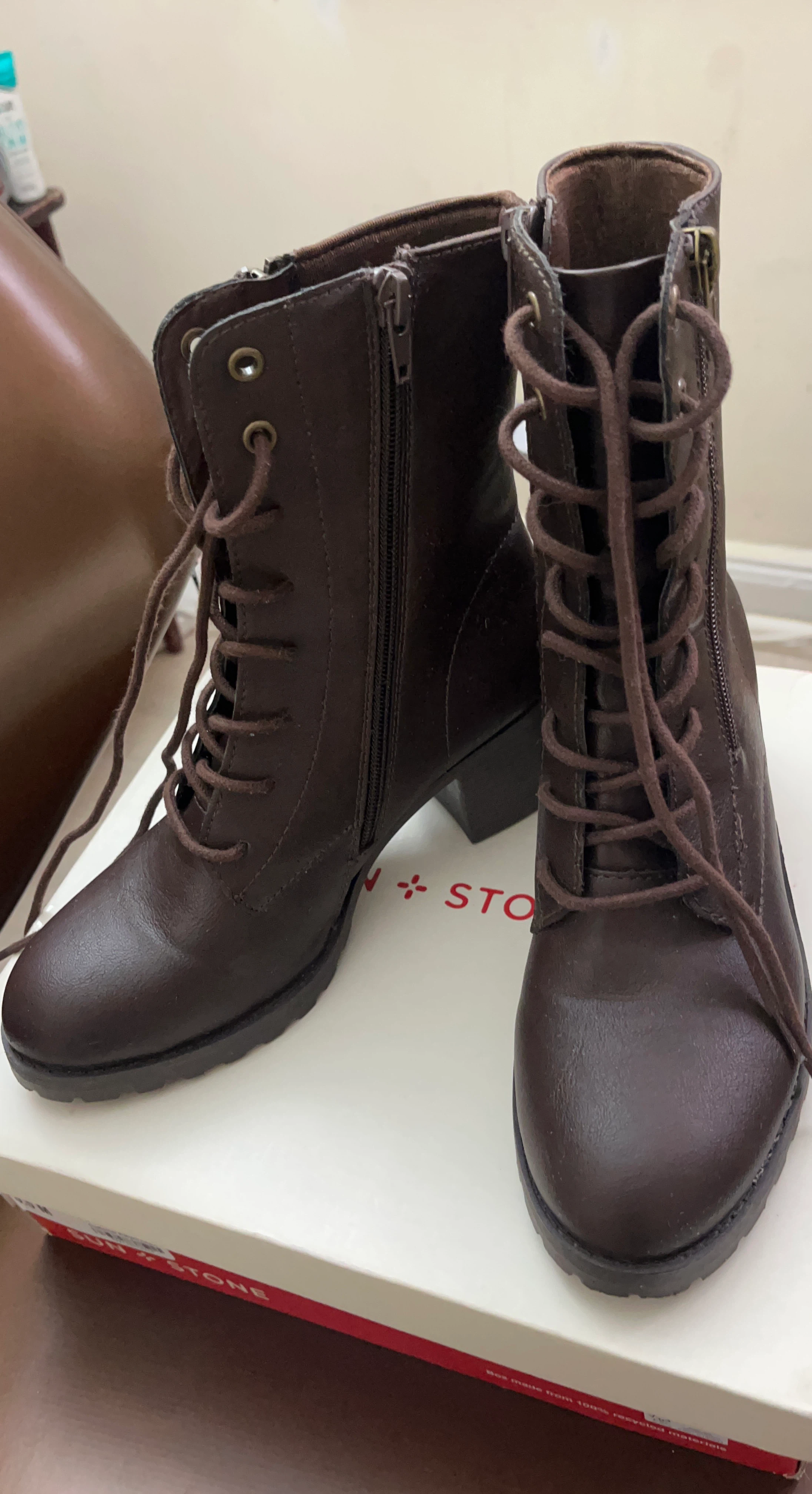 Brown Lace-Up Heeled Boots 6.5