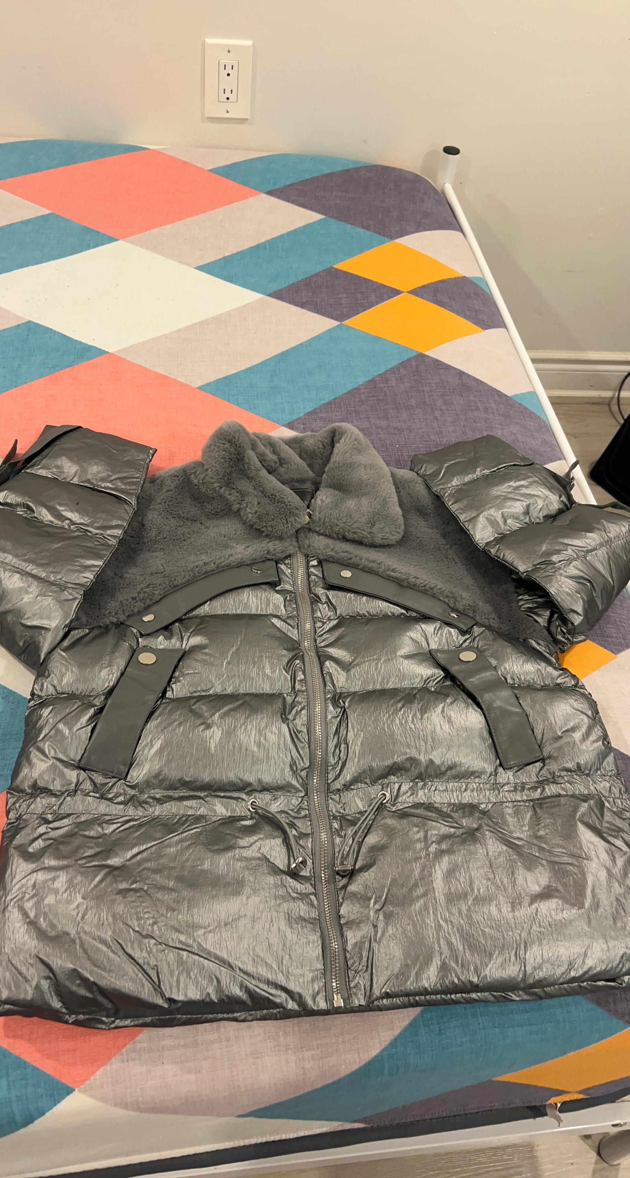 Grey Puffer Jacket with Fur Collar