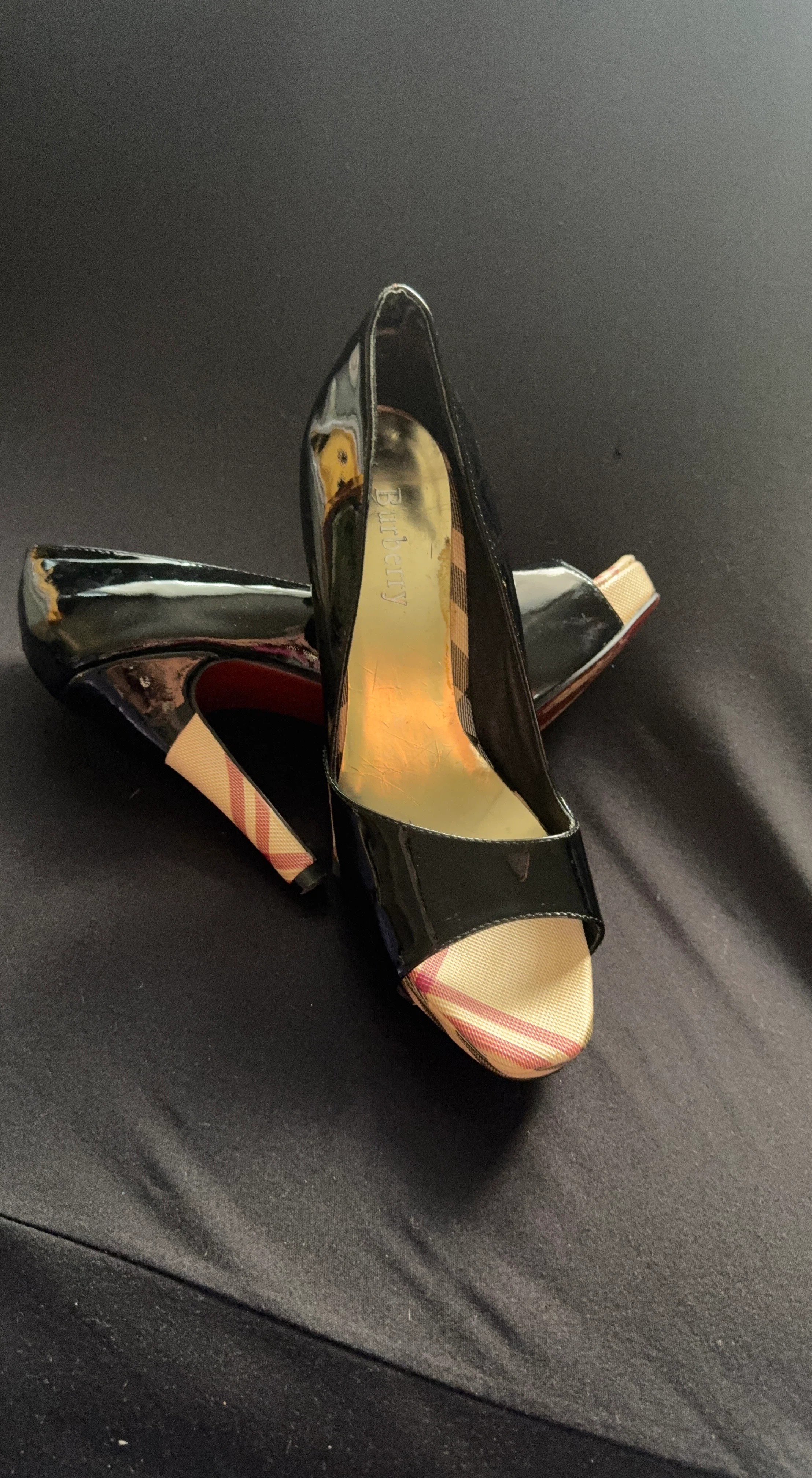 Vintage Black Patent Heels Burberry Check Accent