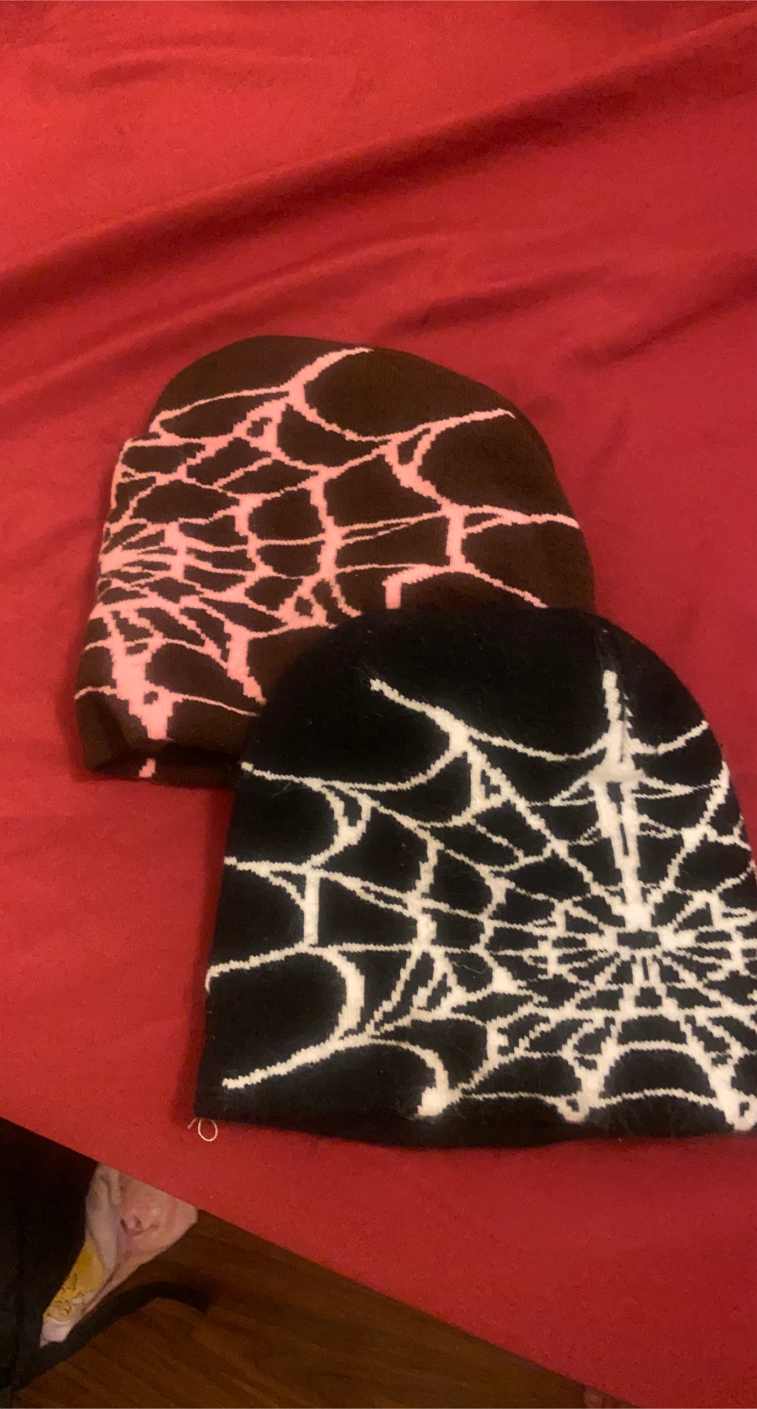 Two Spiderweb Beanies - Black and Brown/Pink