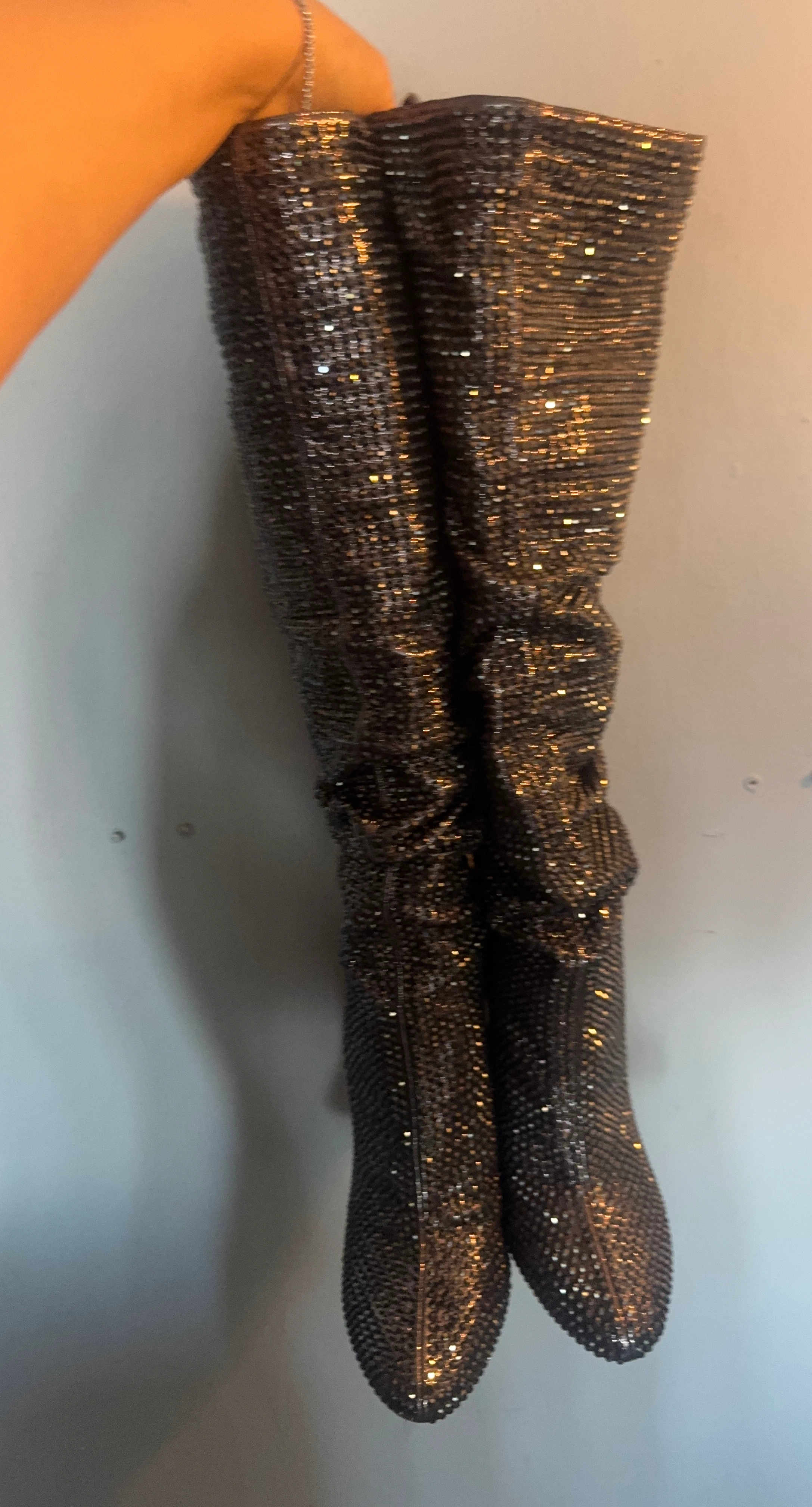 Sparkly black rhinestone knee high boots