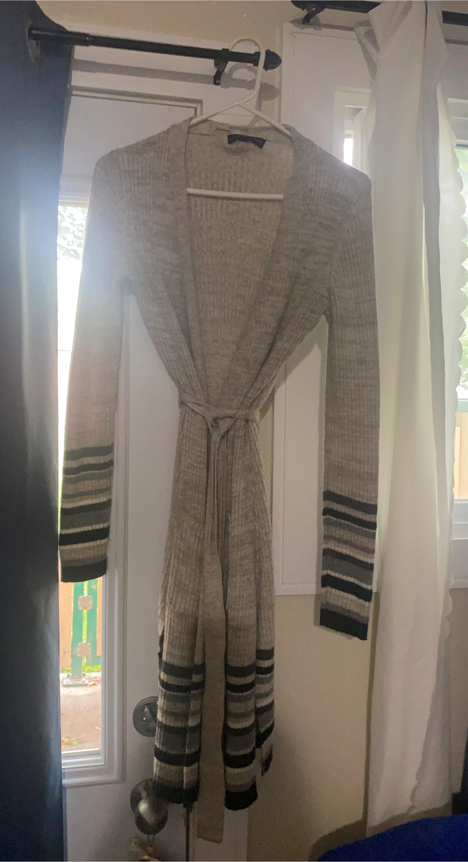 Long Knit Cardigan with Striped Cuffs and Hem