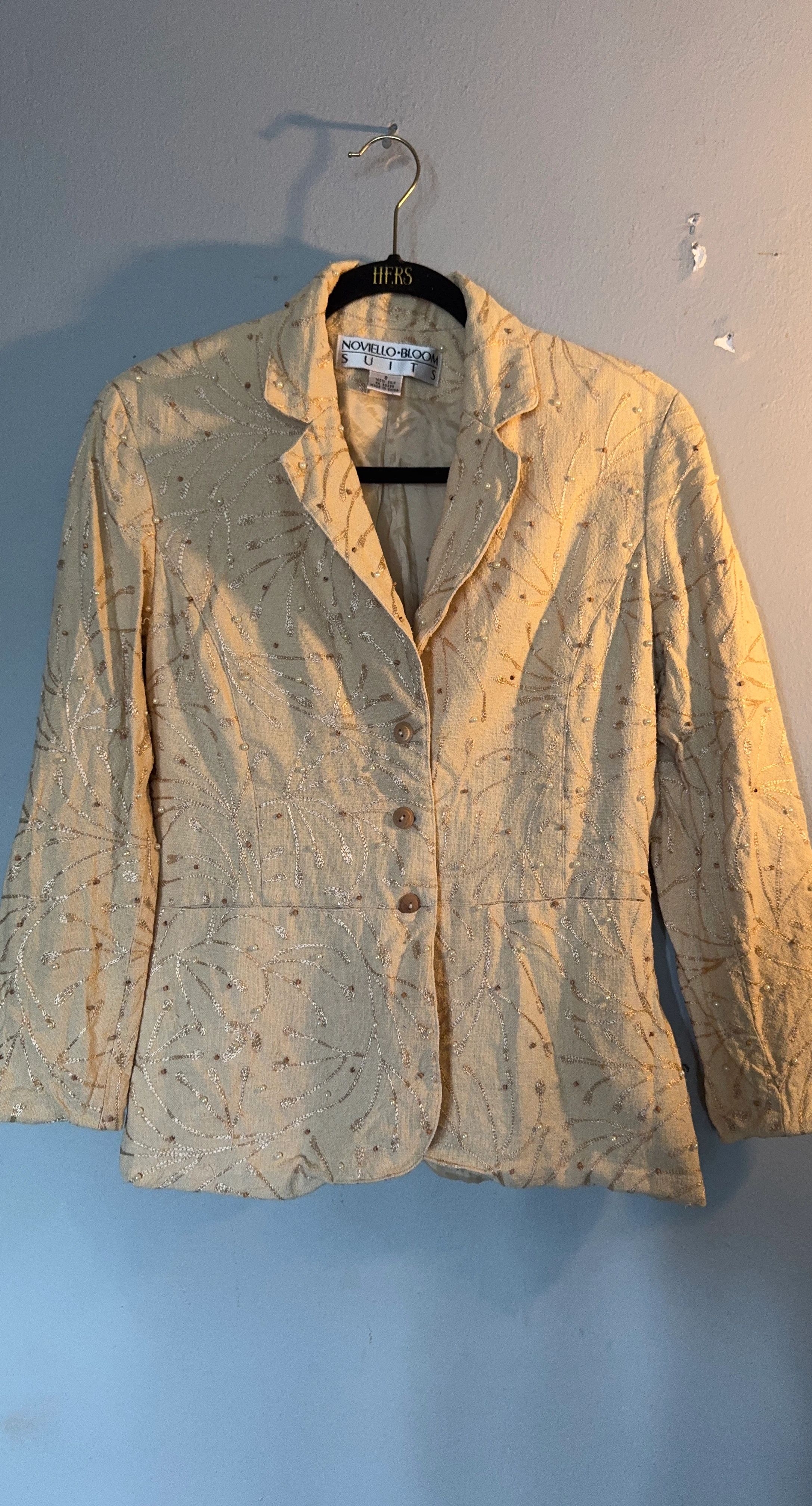 Noviello Bloom Set Suits Beige Silk Beaded Blazer Size 8