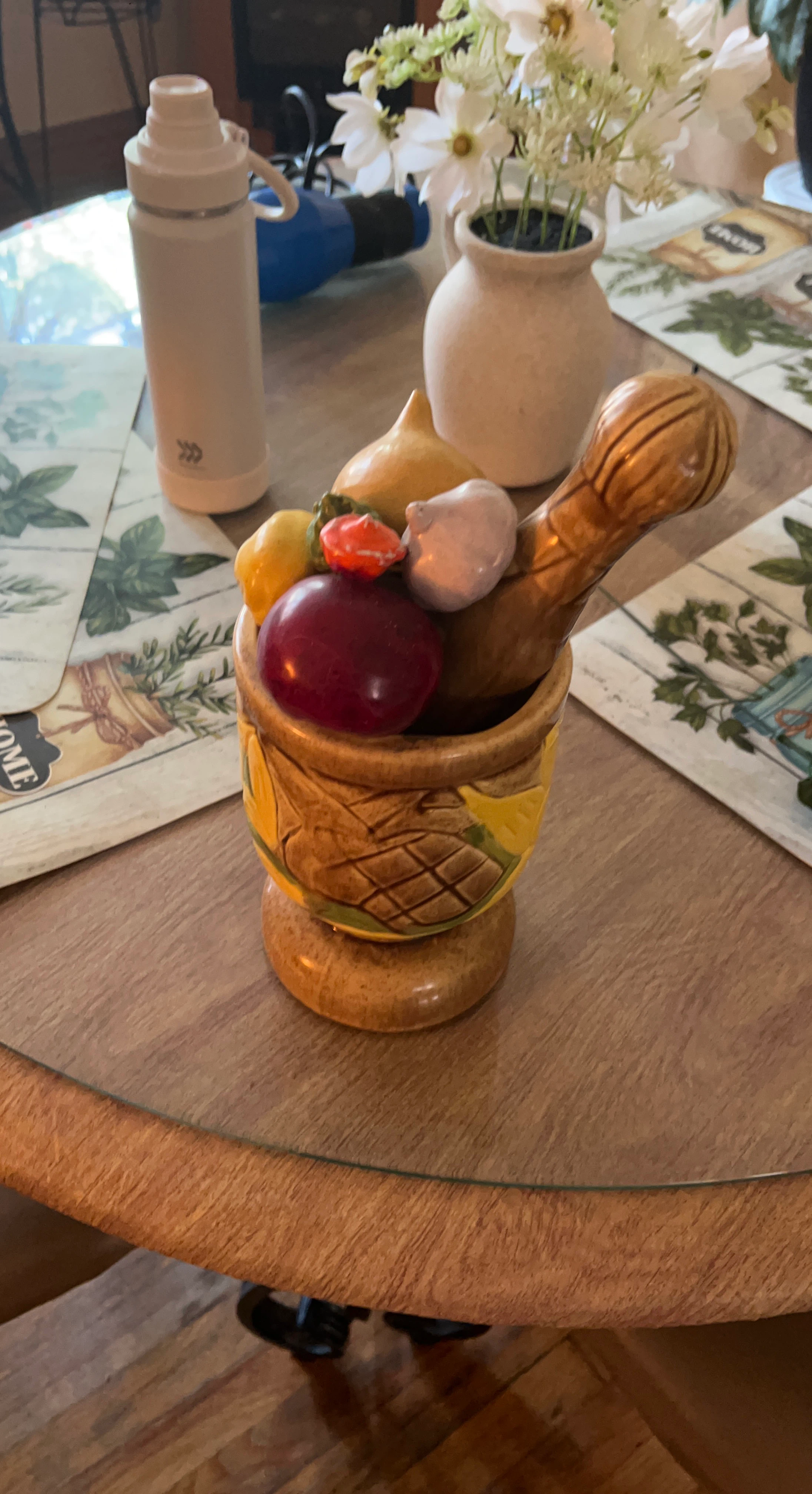 Ceramic Mortar and Pestle Set with Fruit Design