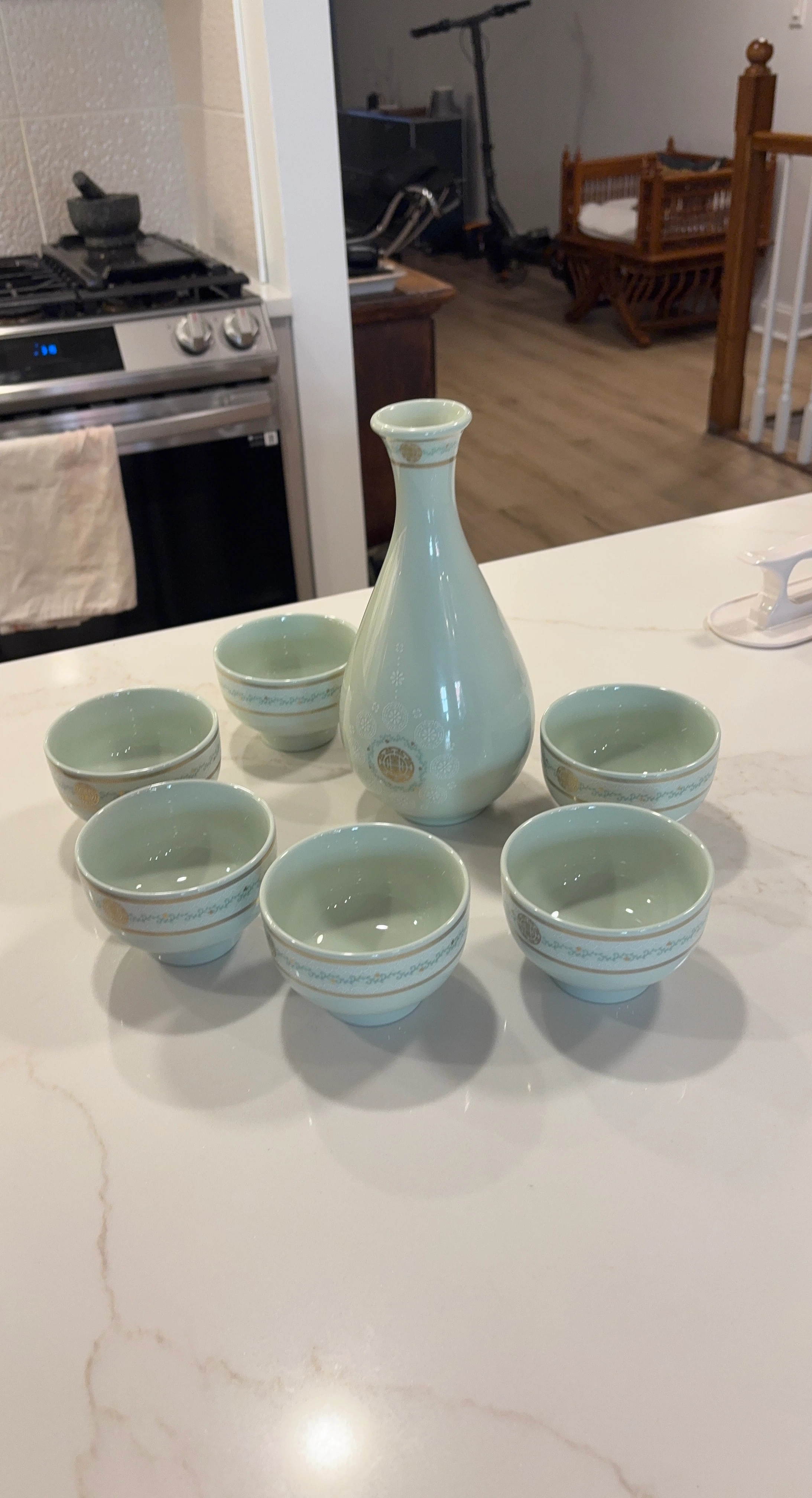Light Green Ceramic Sake Set with small bowls