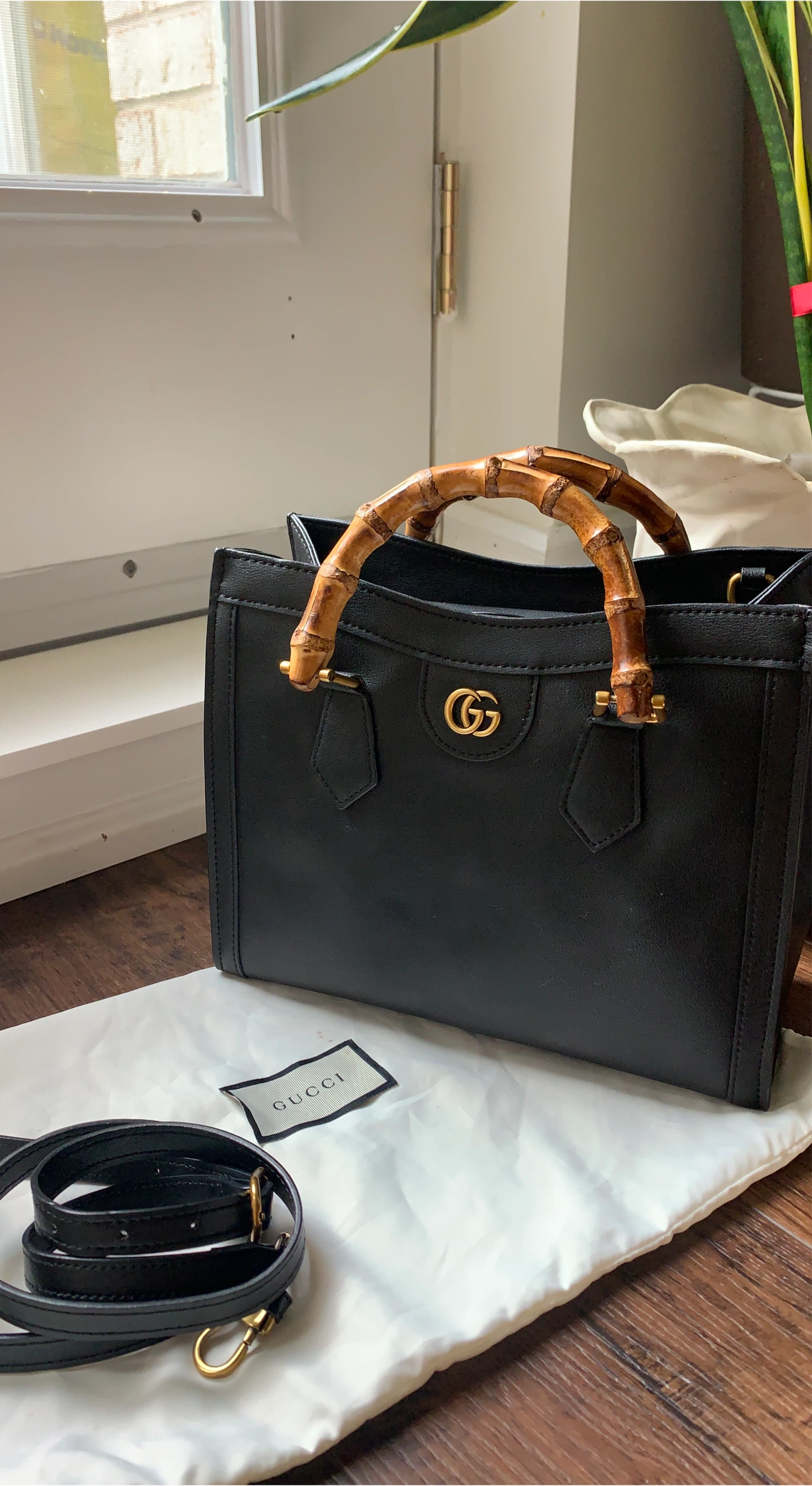 Gucci Black Leather Bamboo Handle Tote Bag