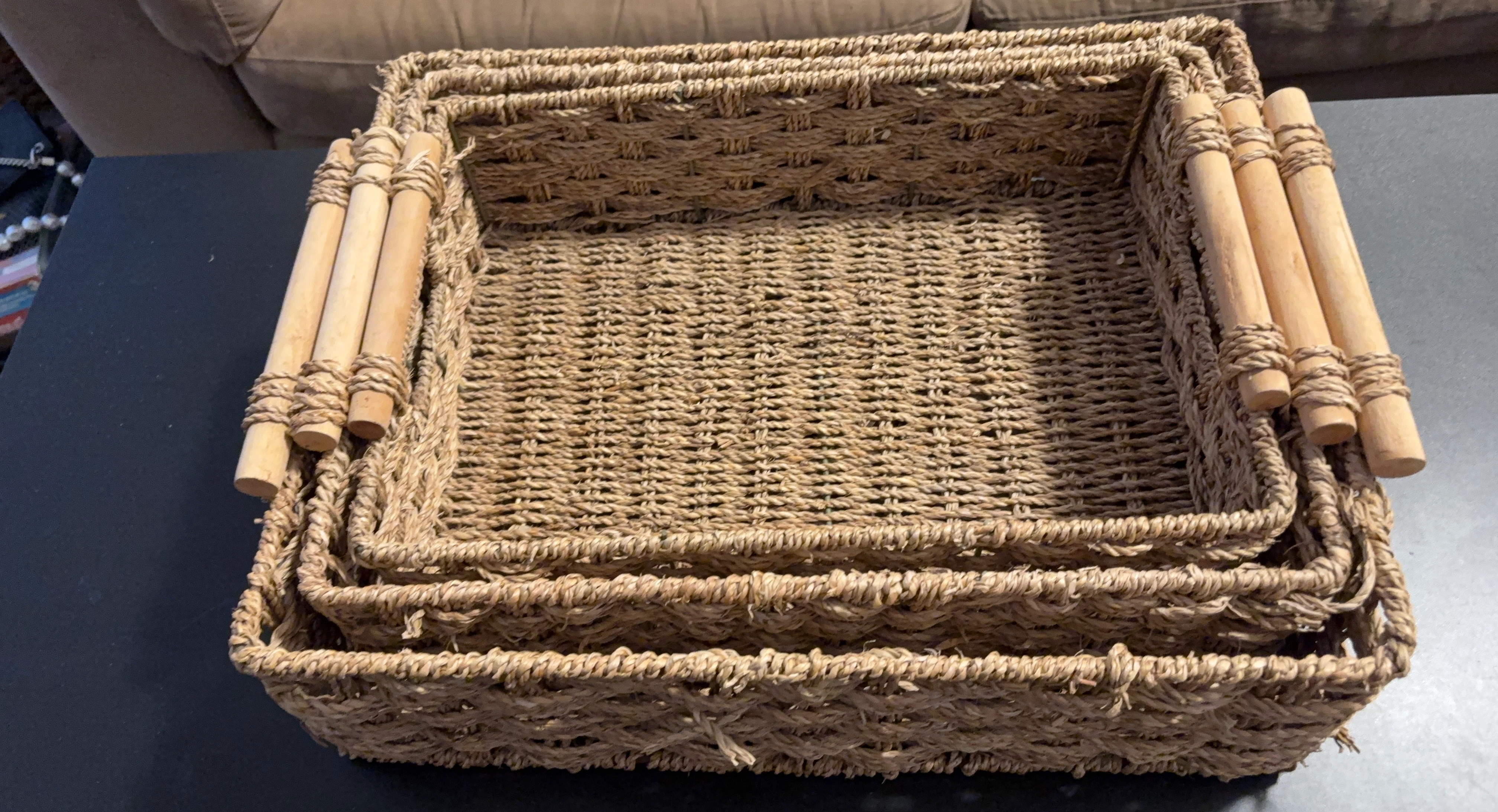 Set of 3 Woven Baskets with Wooden Handles