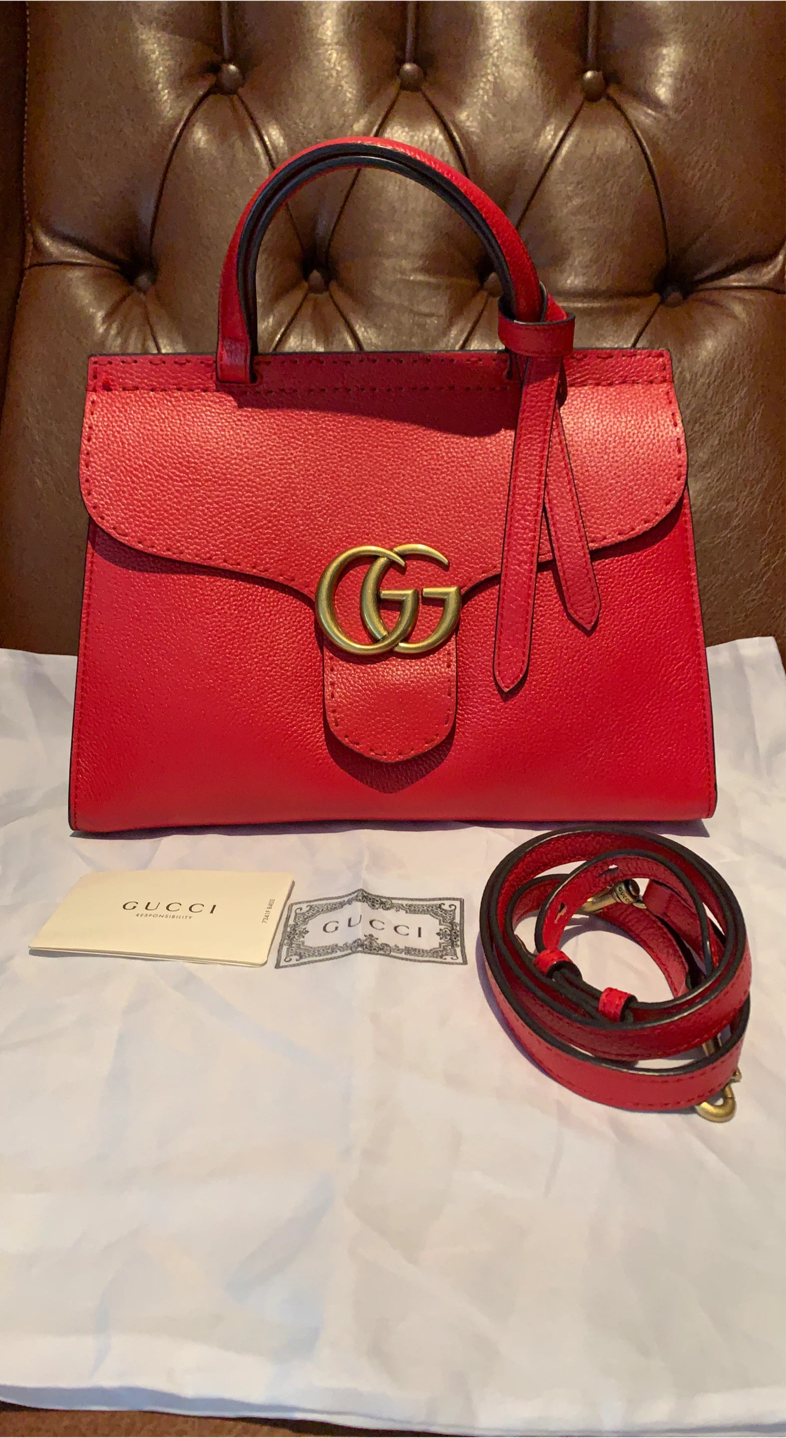 Gucci Red Leather Top Handle Bag with Strap