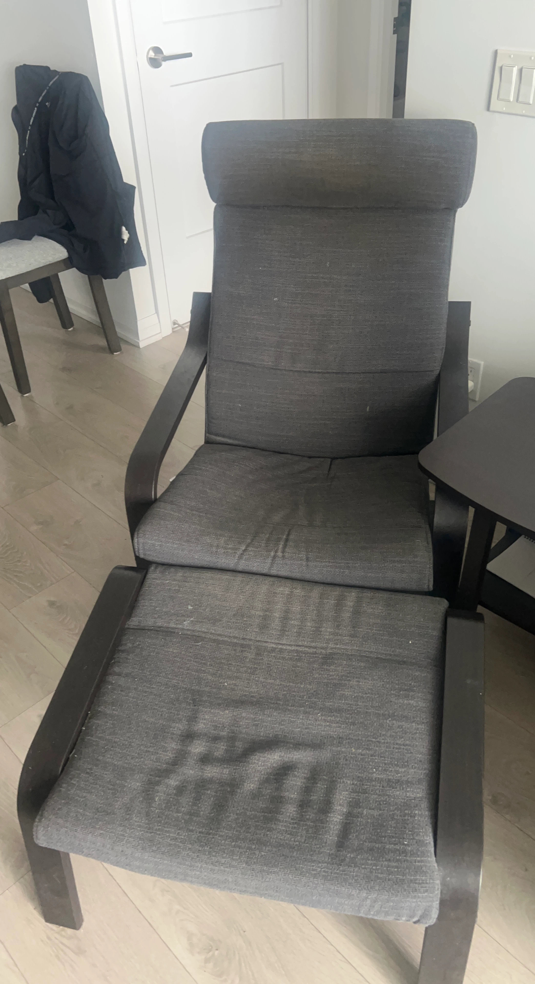 IKEA PELLO armchair with ottoman in dark grey