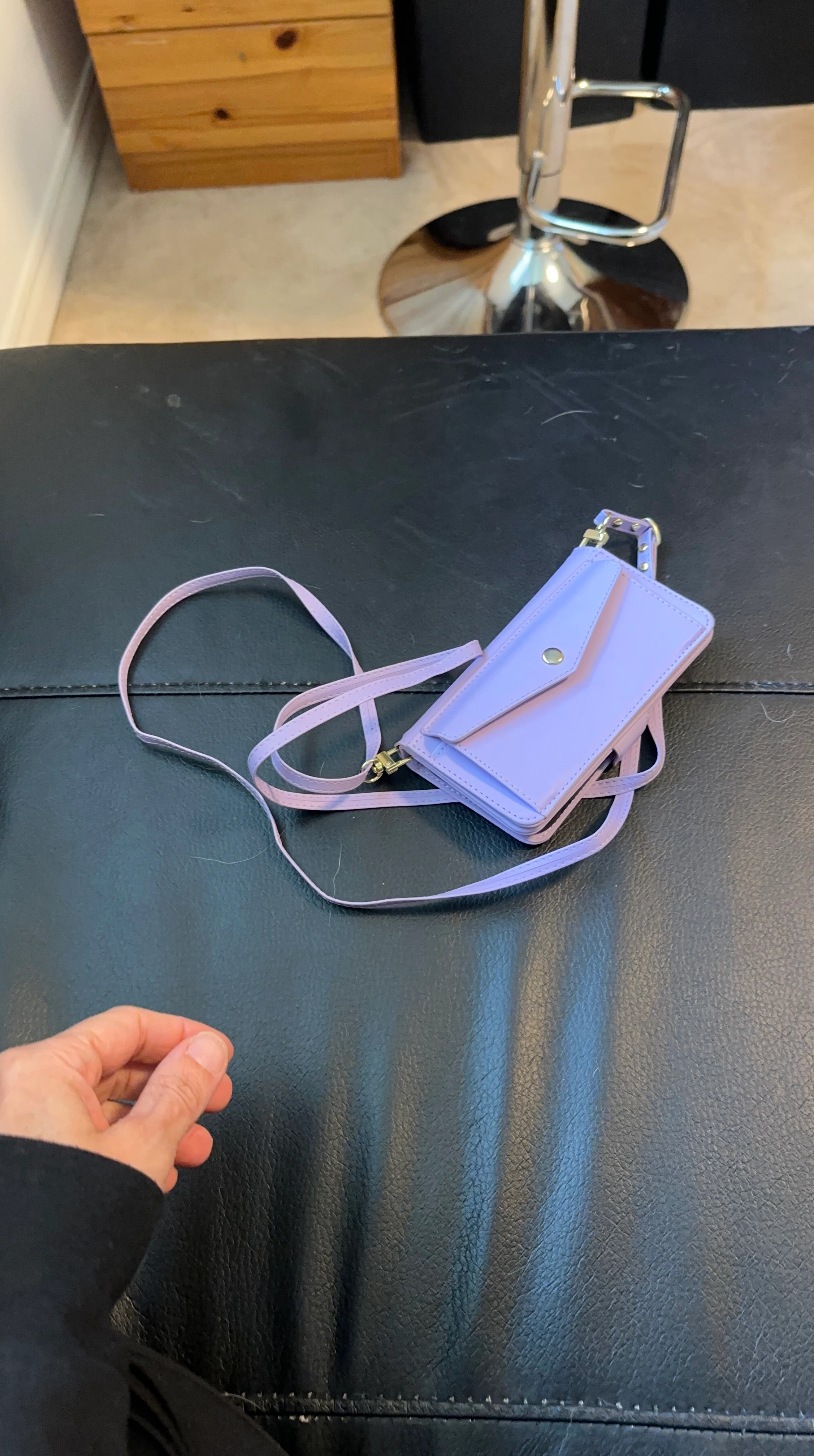 Purple phone wallet with shoulder strap