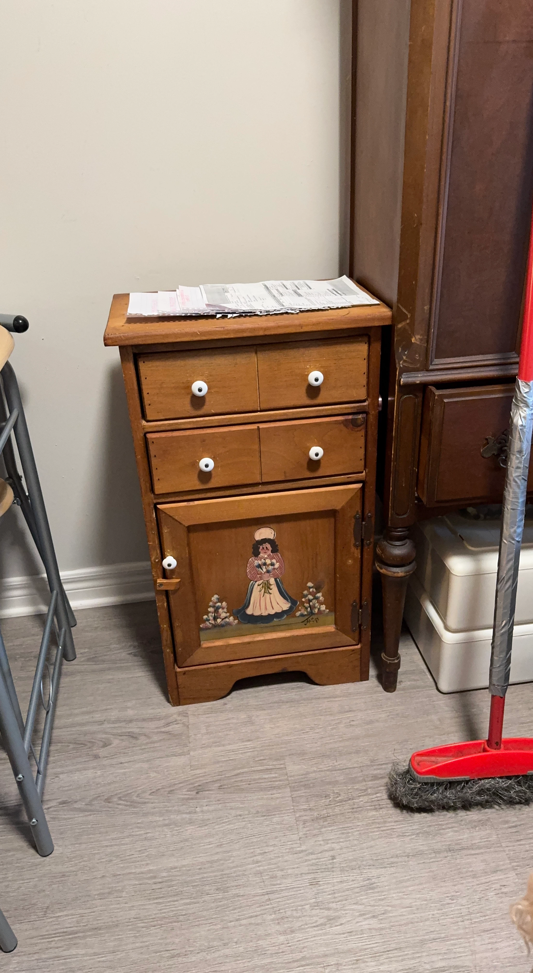 Vintage Wooden Nightstand with Hand-Painted Design