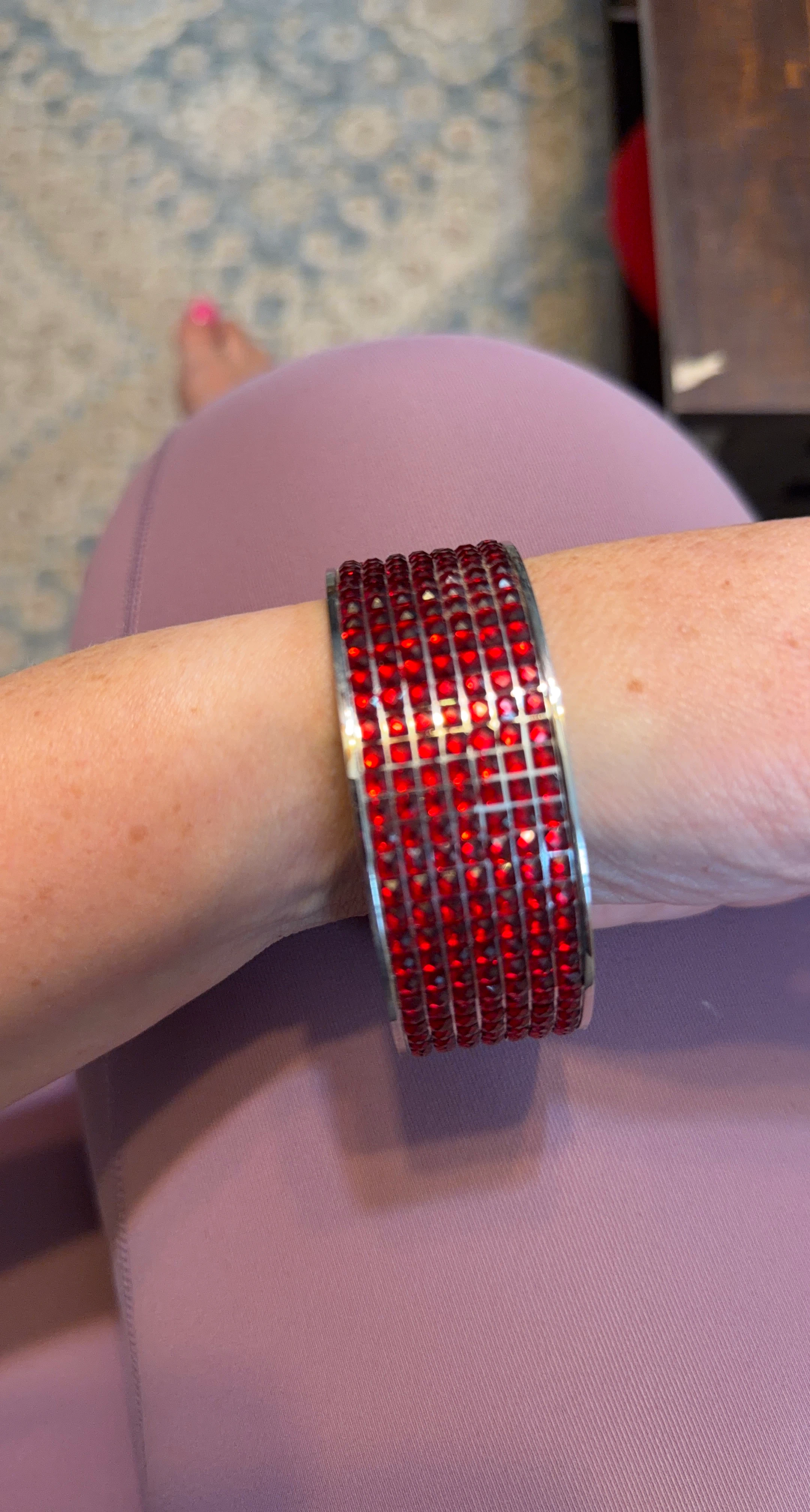 Silver Tone Red Rhinestone Bangle Bracelet