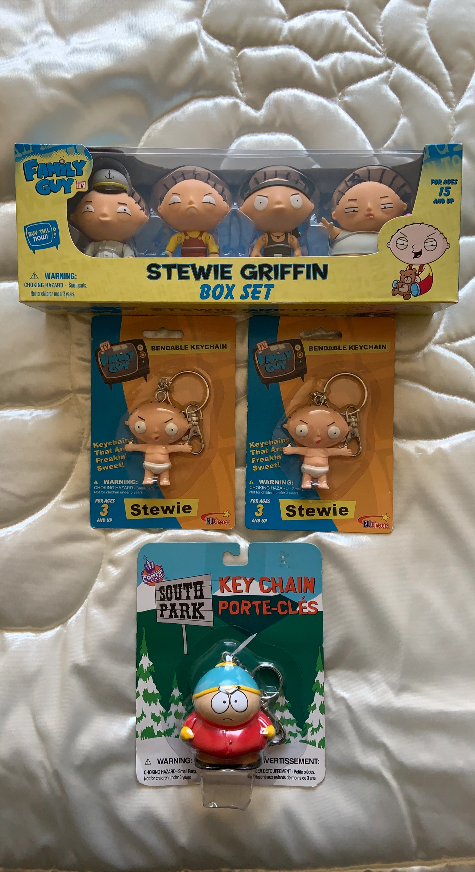 Family Guy Stewie Griffin 4-Figure Box Set, and 3-Keychains