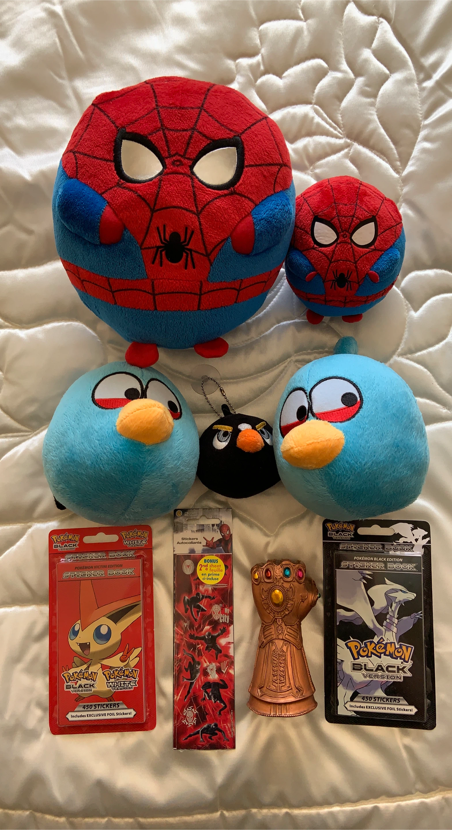 Spiderman and Angry Birds Plushies, Infinity Gauntlet & Pokémon