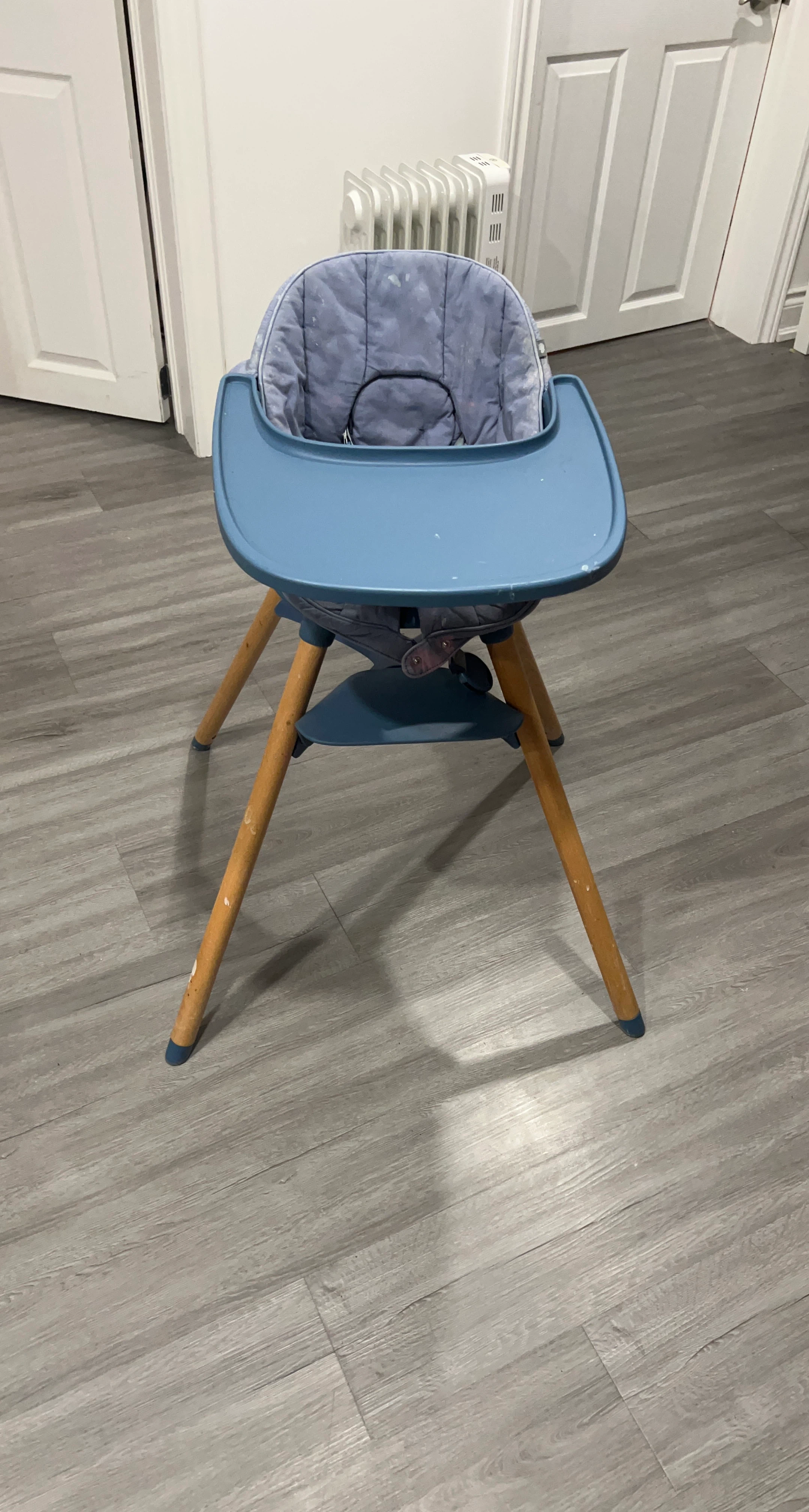 Blue and Grey Padded Baby High Chair with Wooden Legs