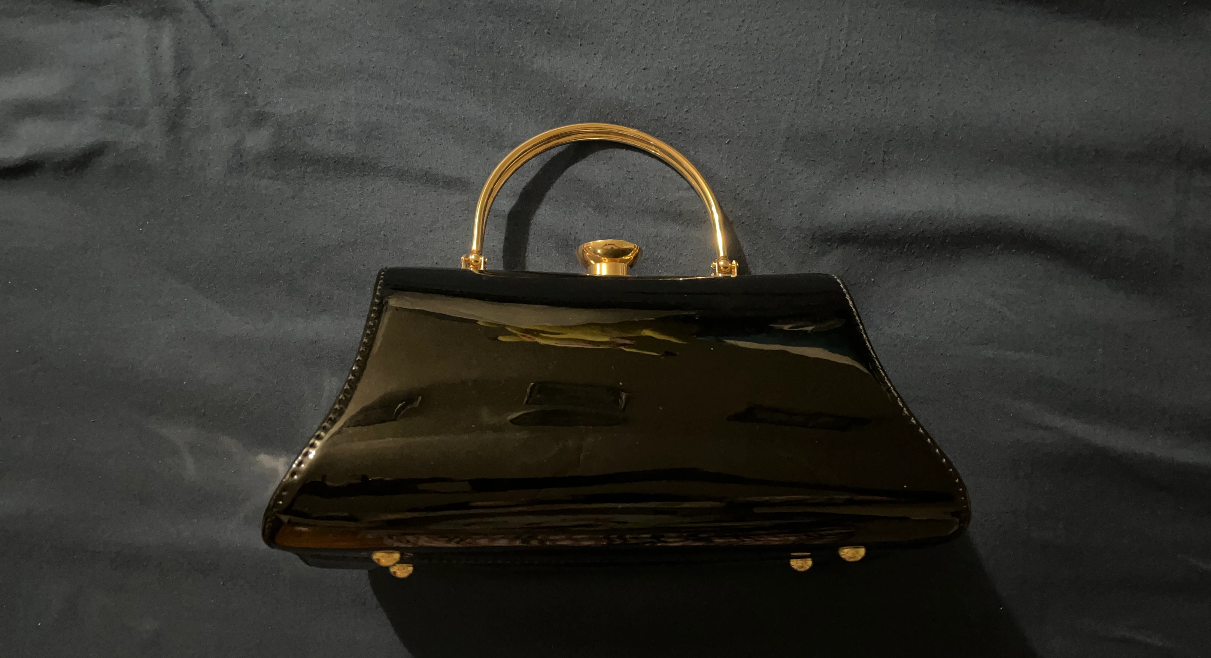 Black Patent Handbag with Gold Handle