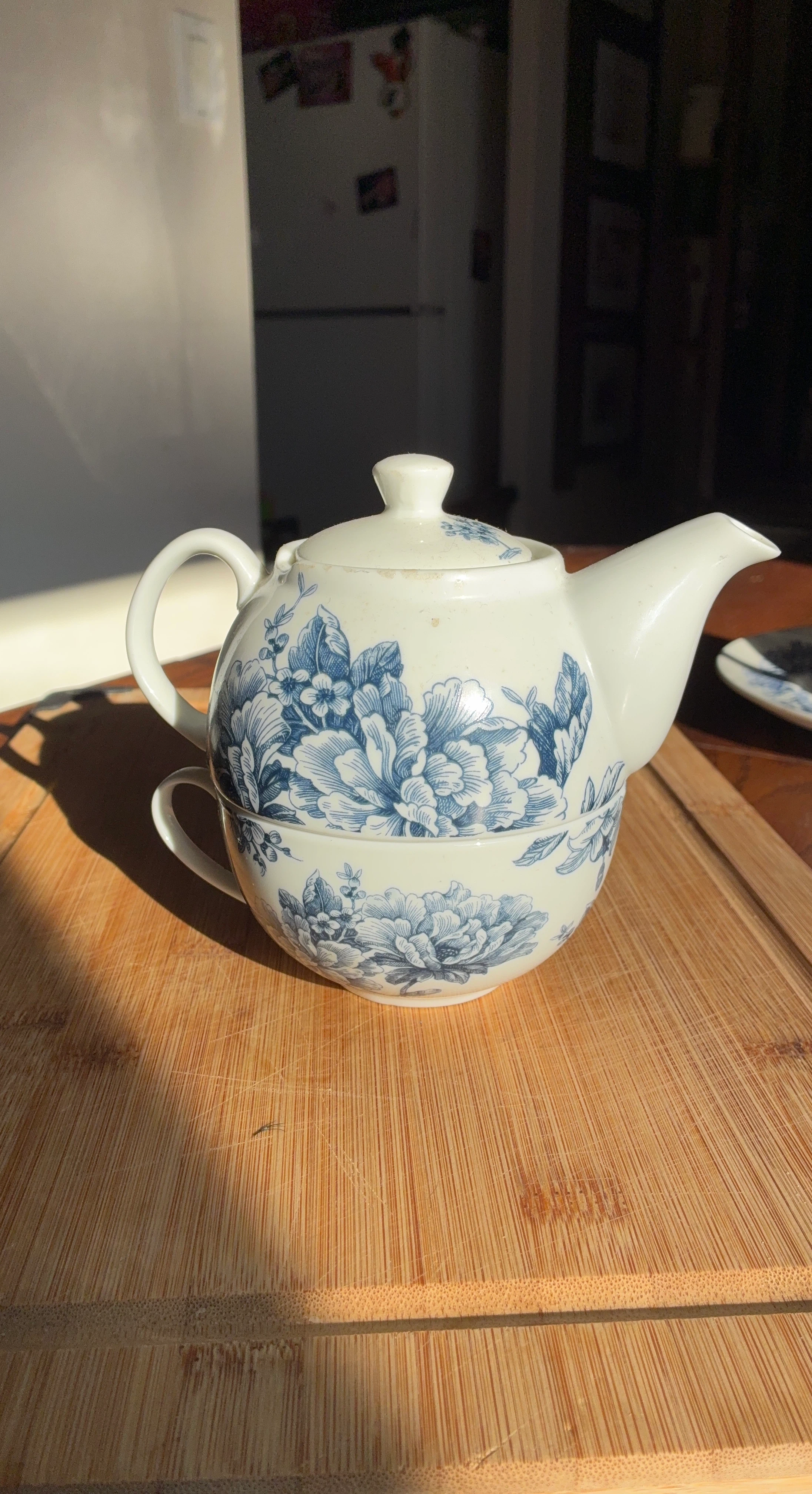 Blue and White Floral Teapot with Cup