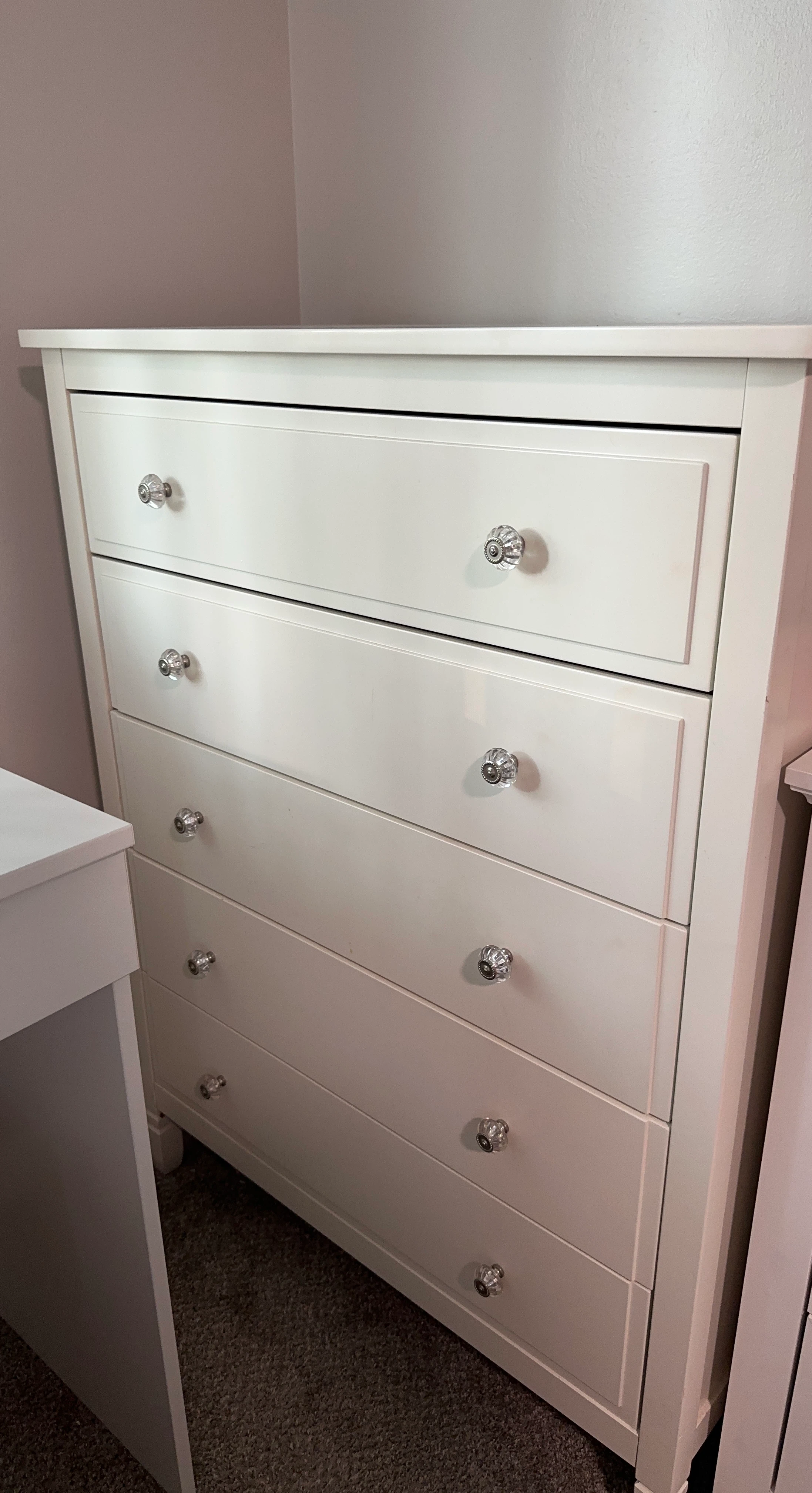 White 5-Drawer Dresser with Crystal Knobs