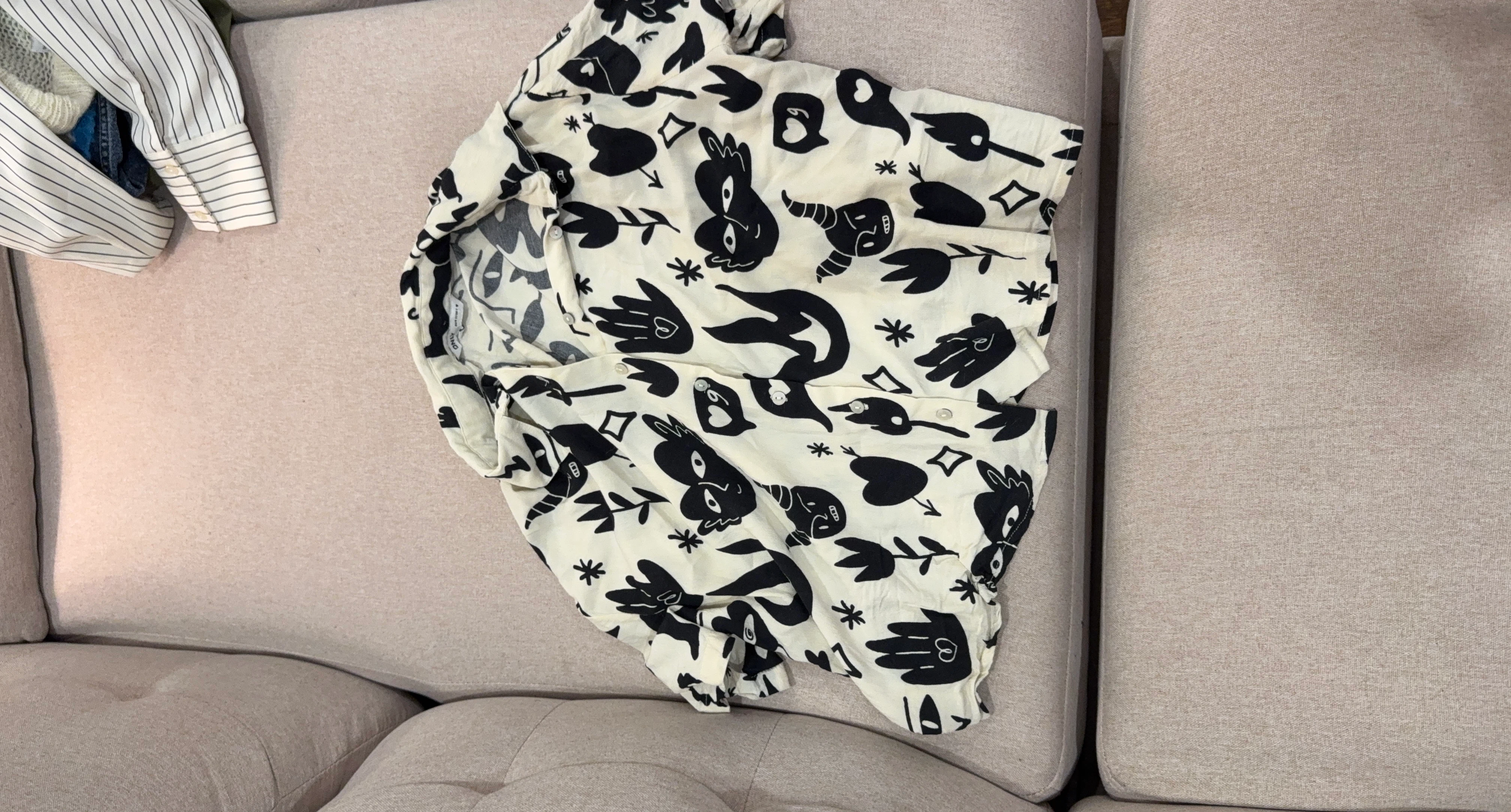 Cream and Black Graphic Print Button-Up Shirt