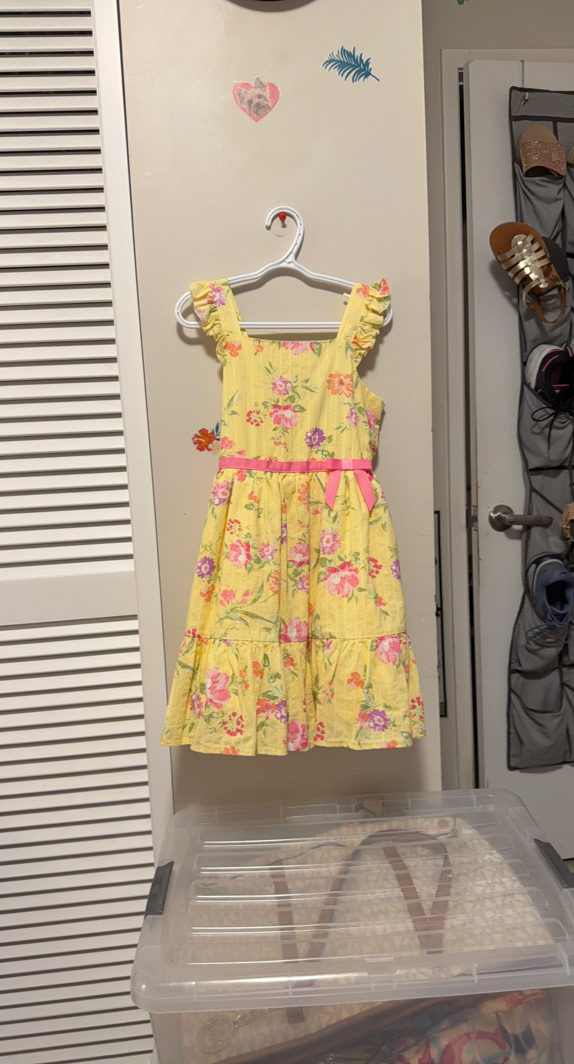Yellow Floral Print Dress with Pink Bow Size 7