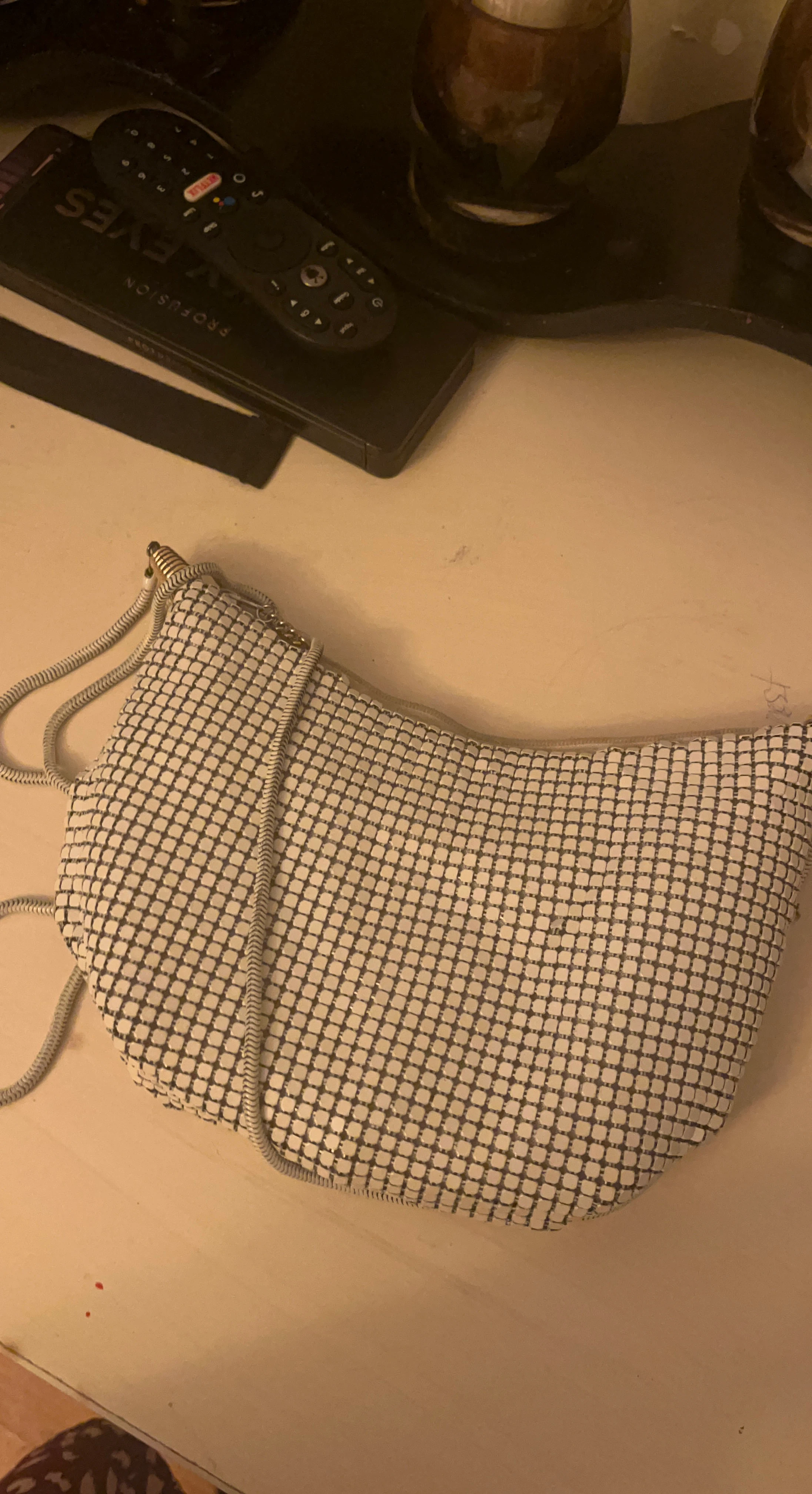 White Mesh Clutch Purse with a Long Chain Strap