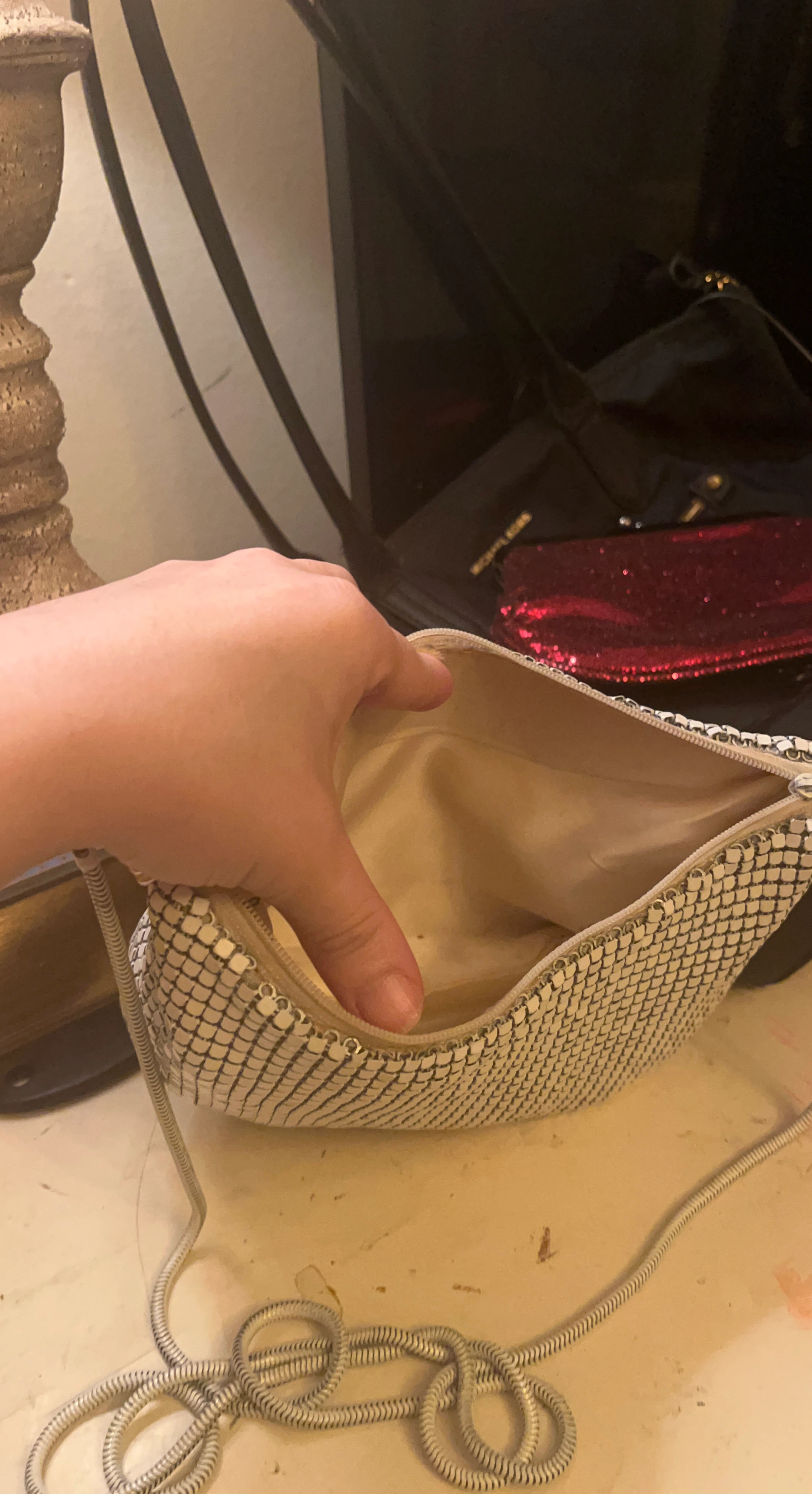 White Mesh Evening Clutch Purse with Long straps