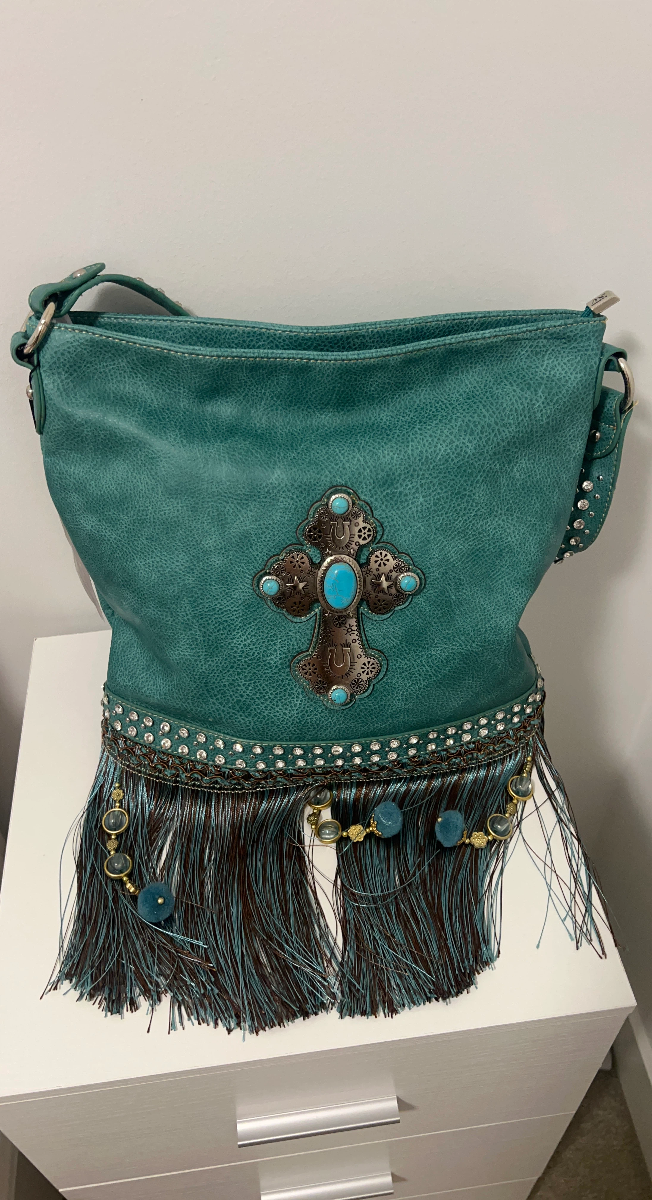 Teal Faux Leather Cross Embellished Shoulder Bag