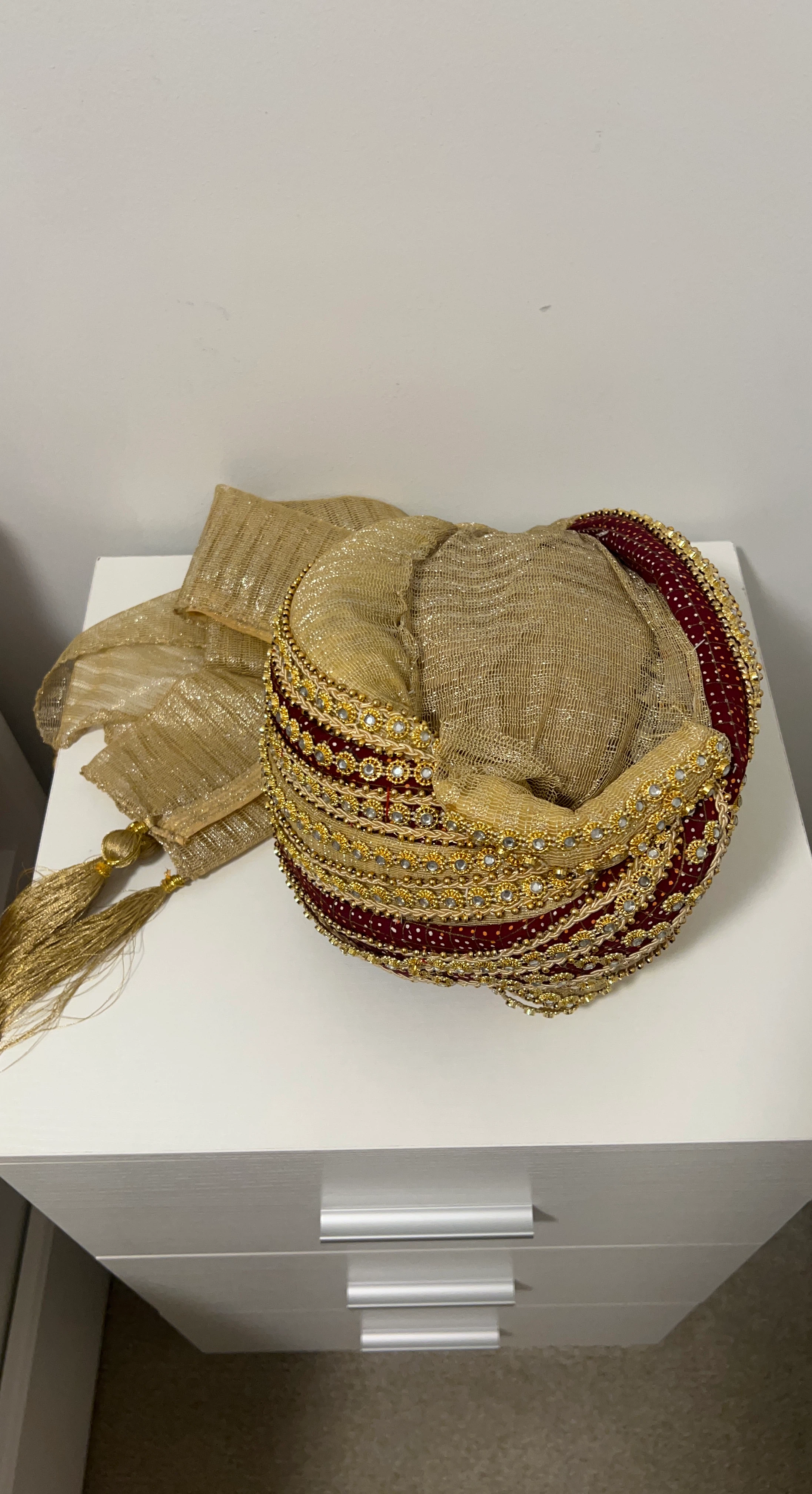 Gold and Maroon Beaded Turban with Scarf