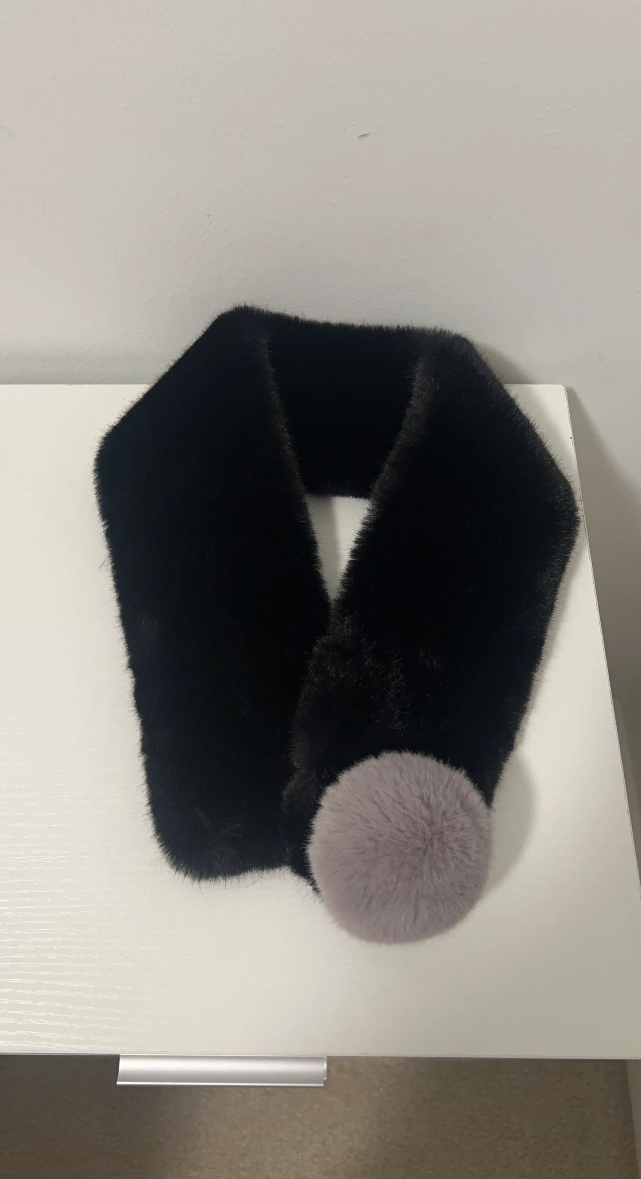 Black Faux Fur Scarf with Pom Pom