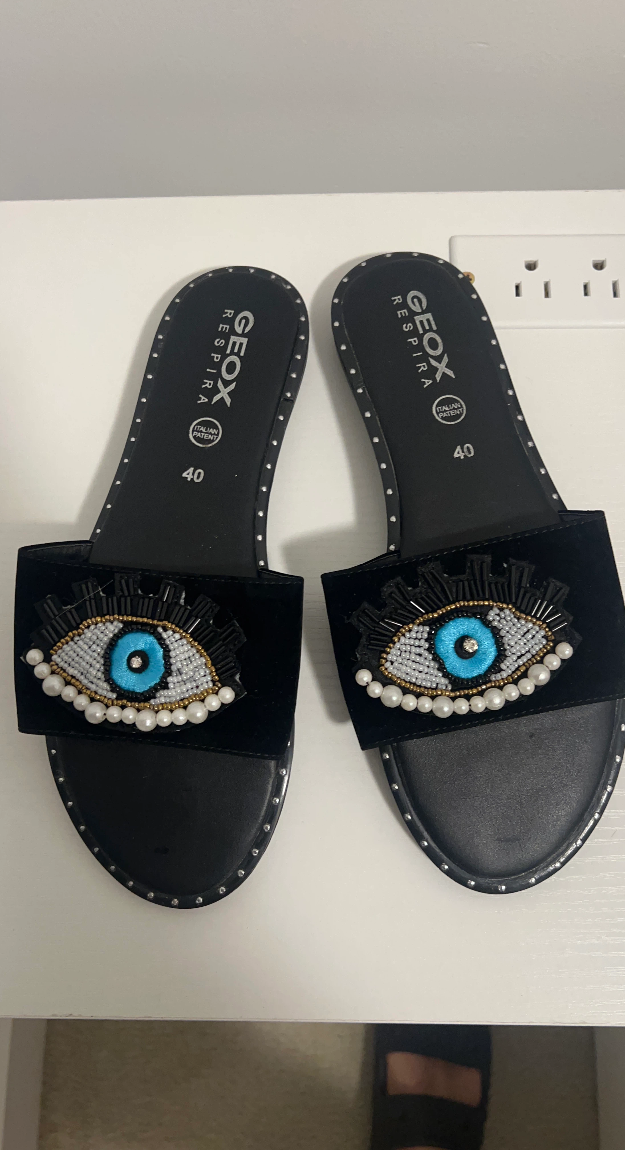 Geox Respira Black Evil Eye Beaded Slides Size 40
