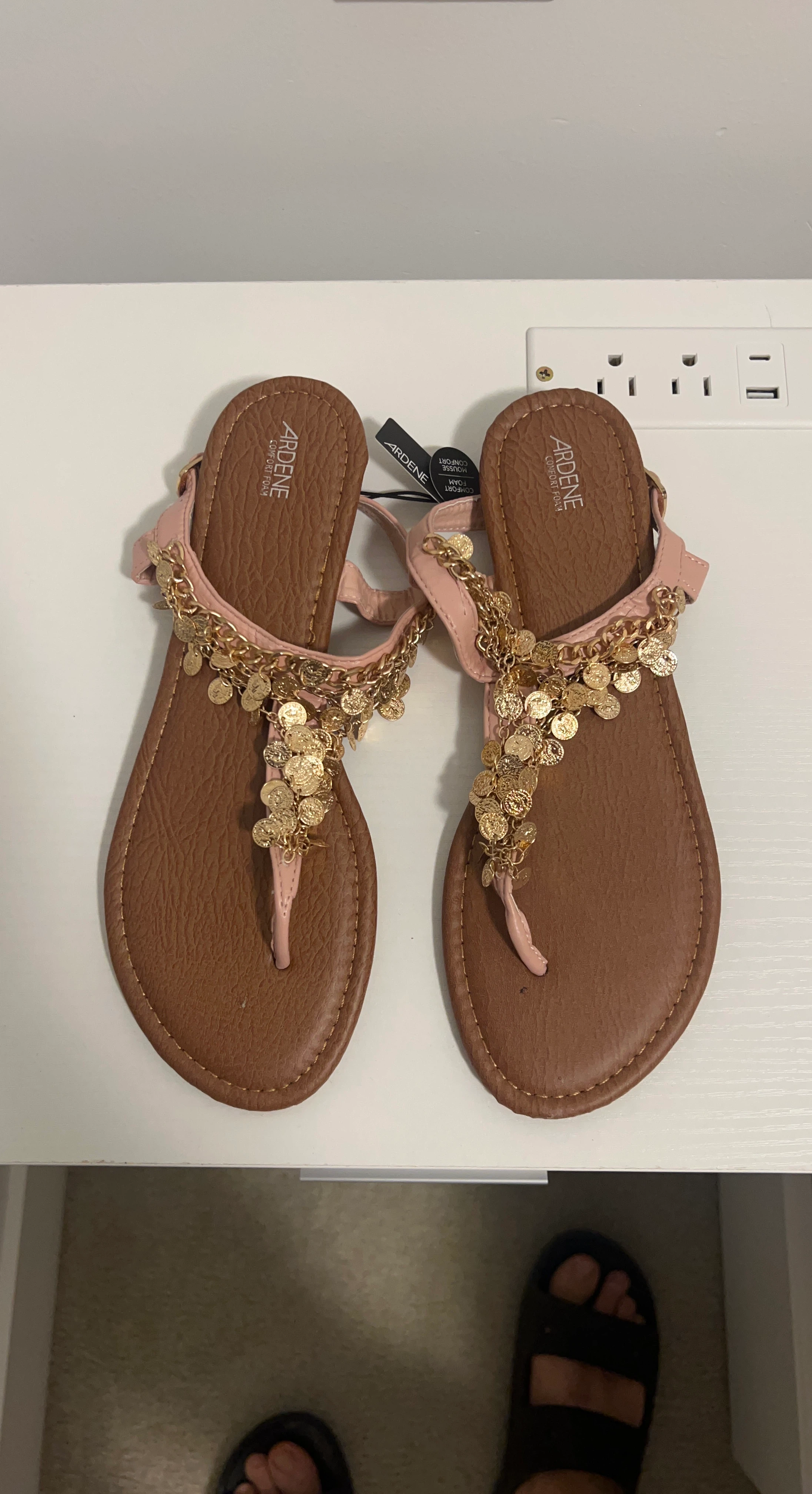 Ardene Pink T-Strap Sandals with Gold Coin Detail