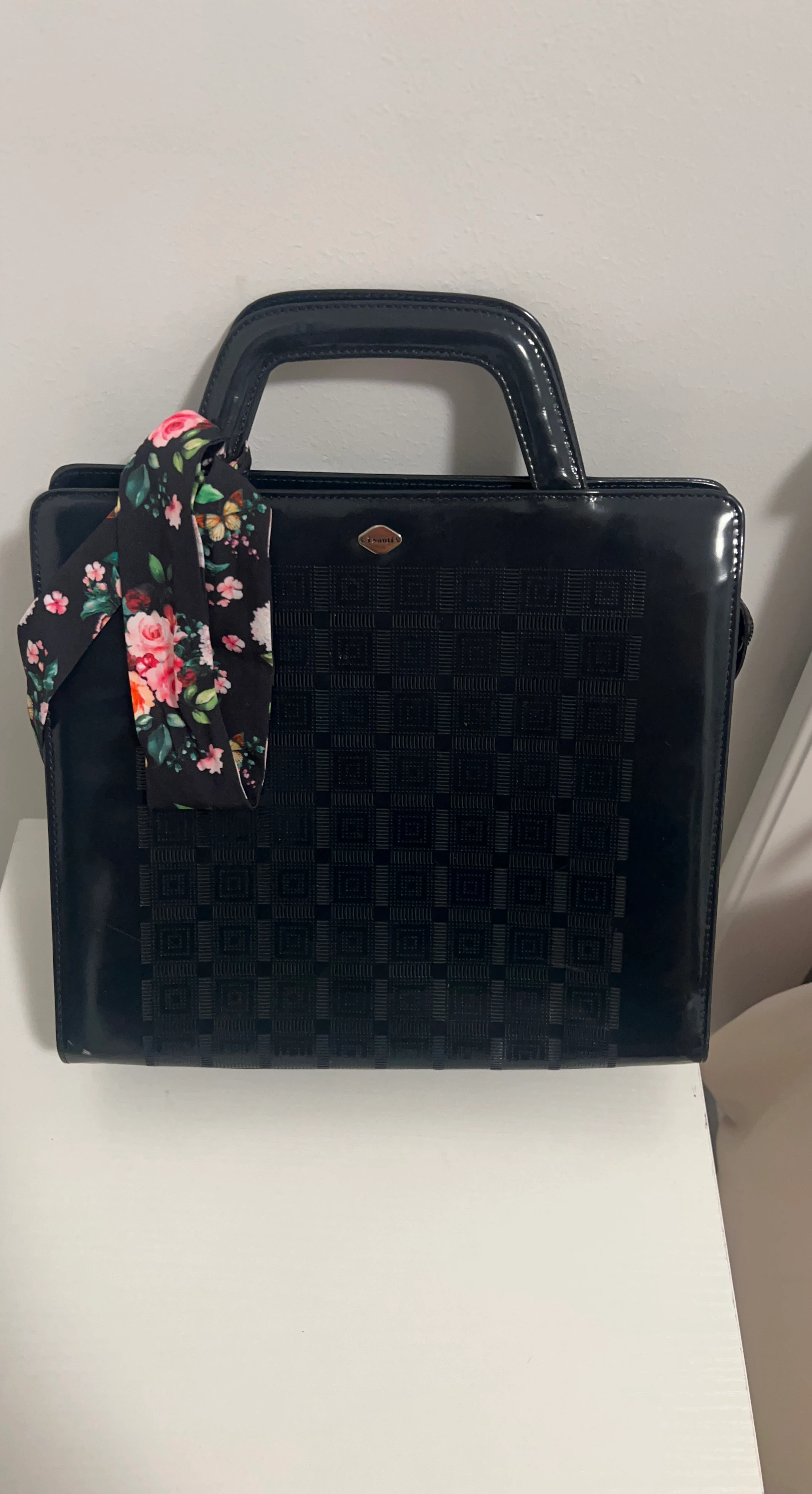 Visanti Black Patent Handbag with Scarf Accent