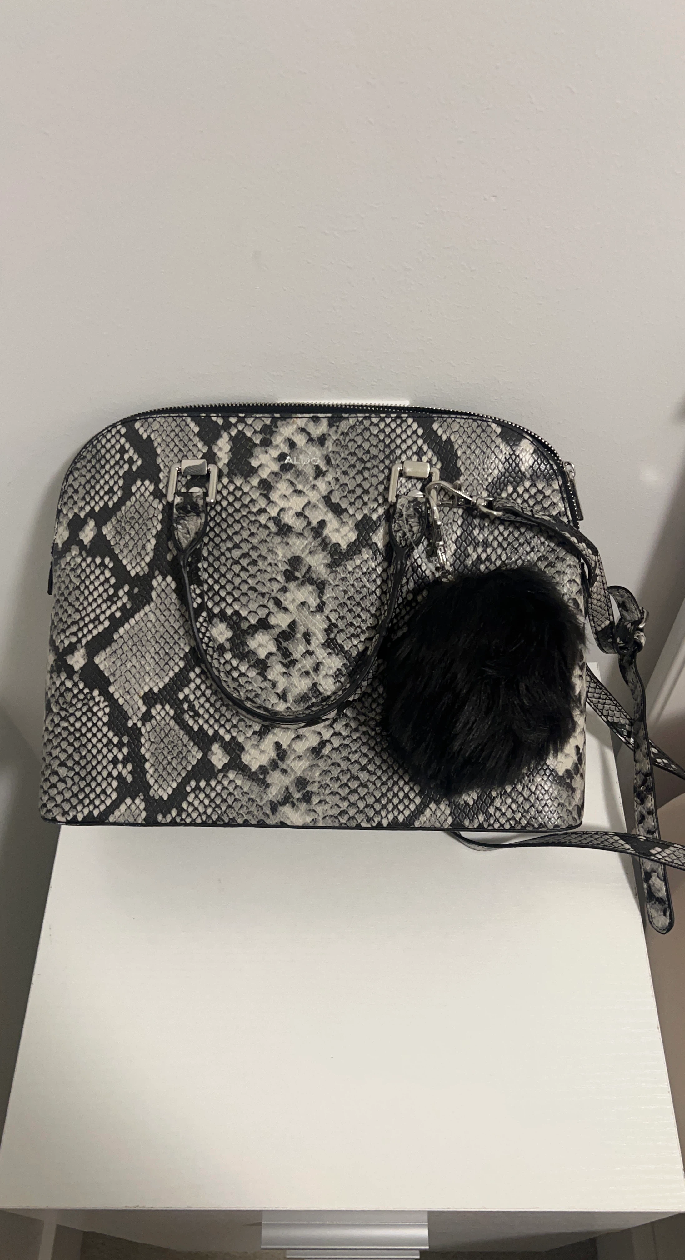 ALDO Snake Print Satchel Bag with Pom Pom