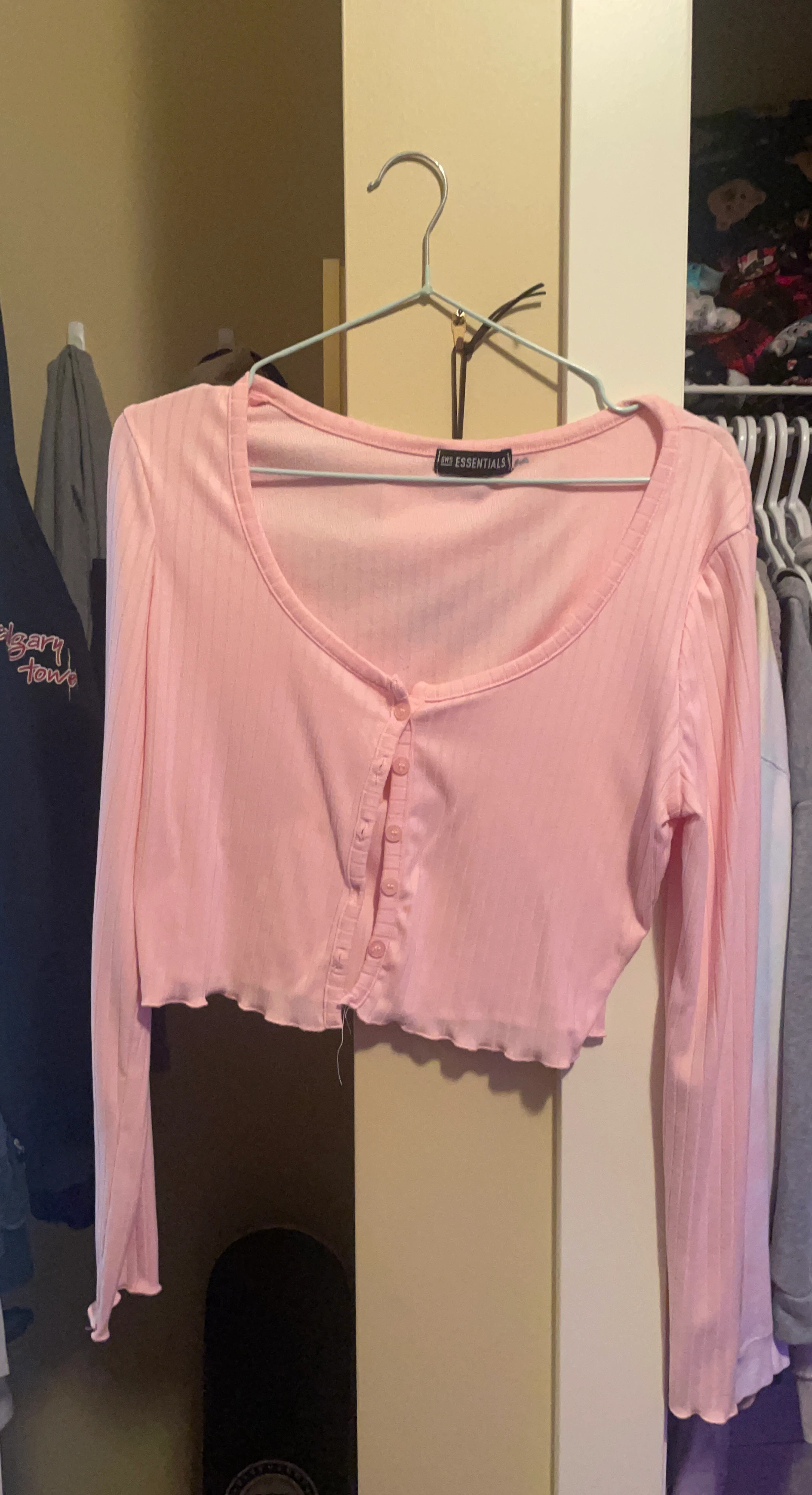 Pink Ribbed Long Sleeve Crop Top