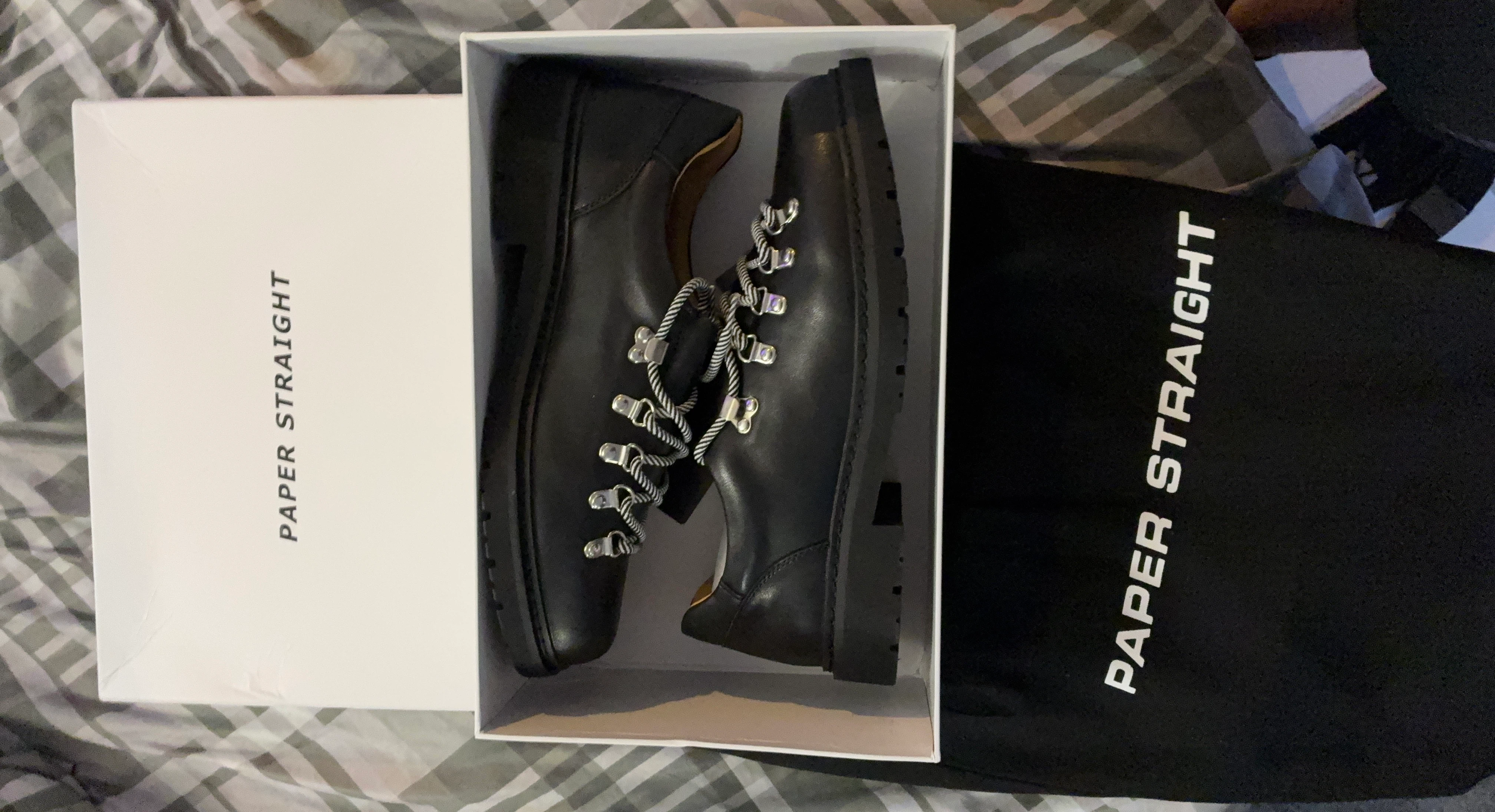 Paper Straight Black Leather Hiking Boots
