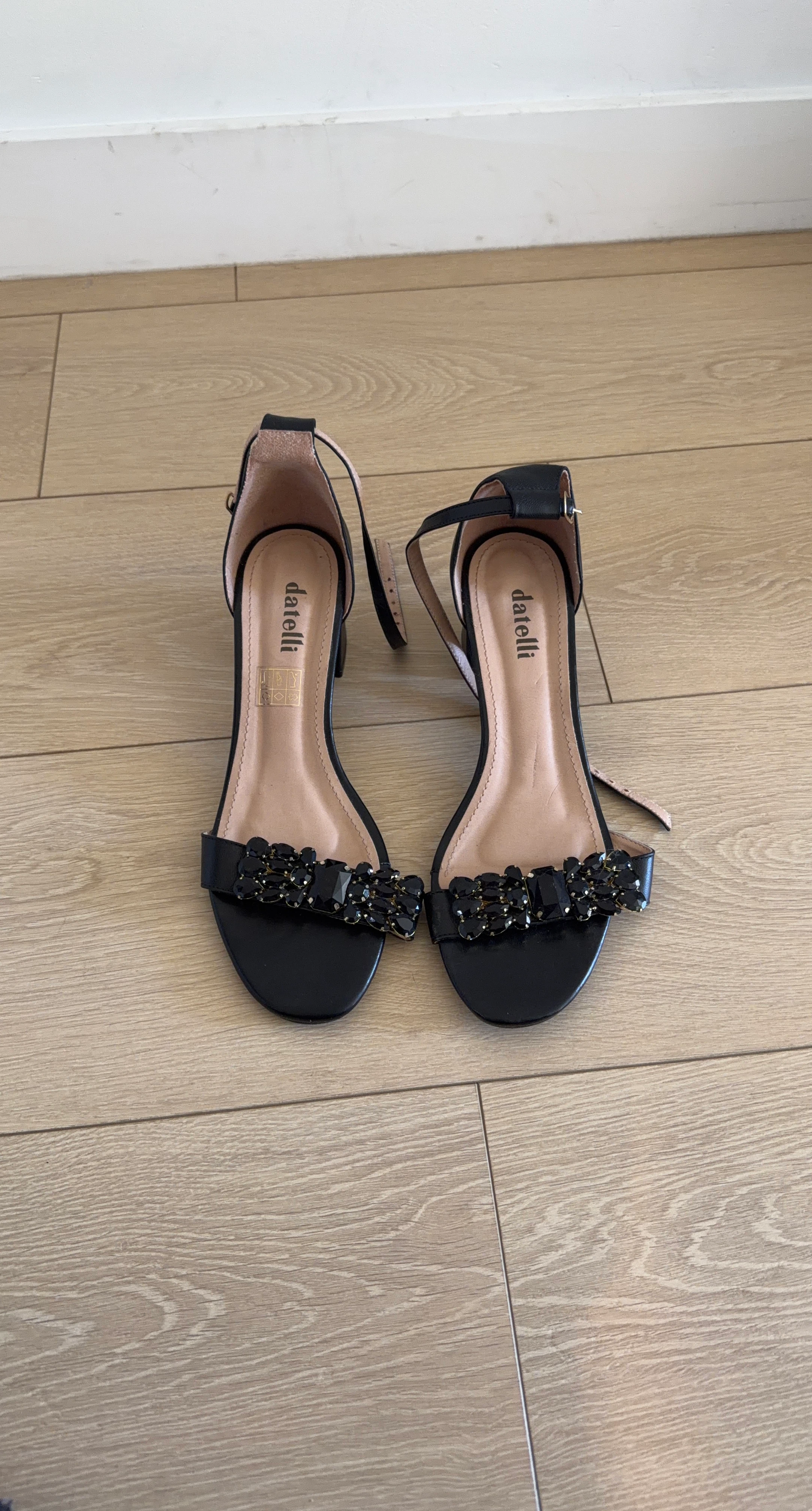Datelli Black Embellished Block Heel Sandals