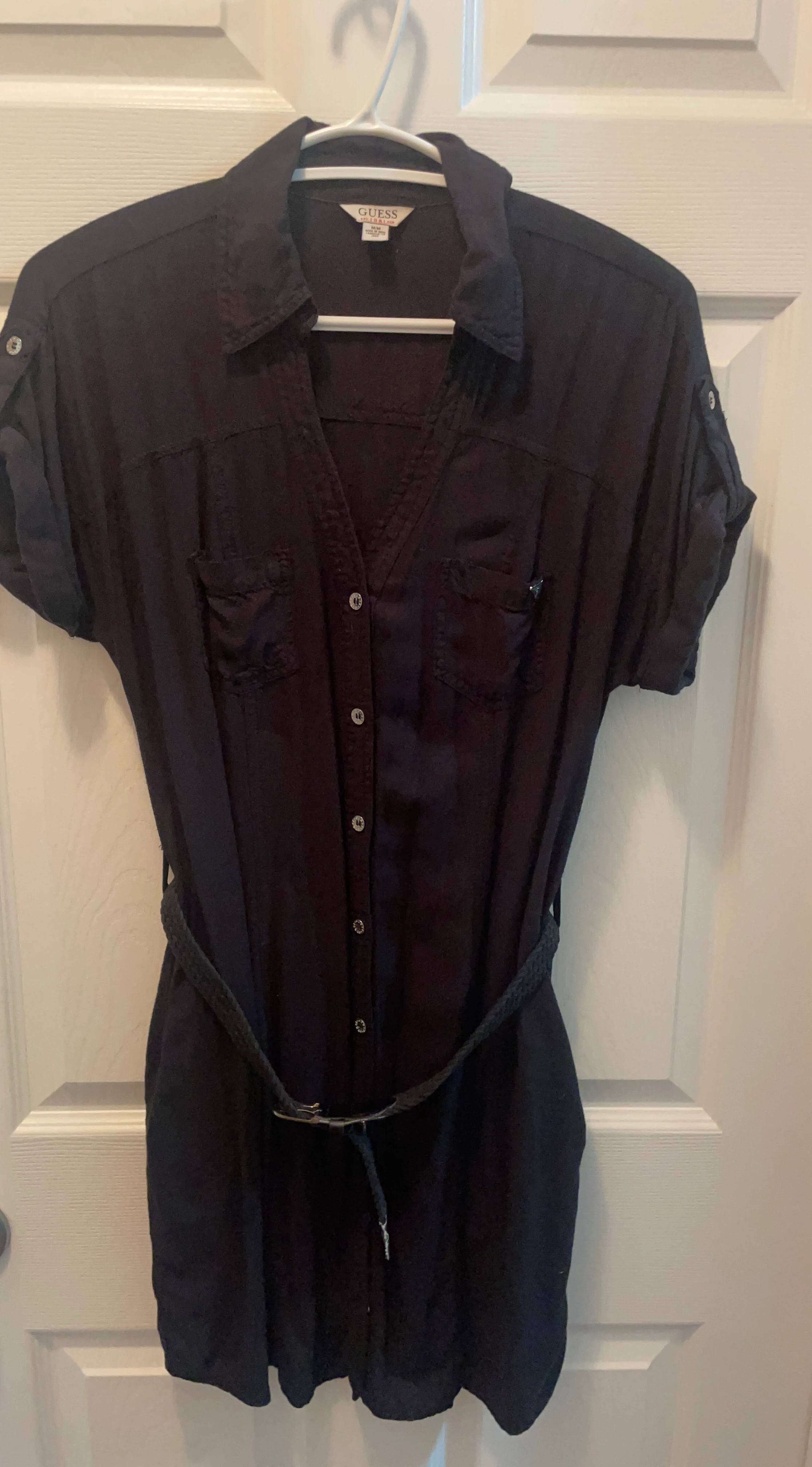 GUESS Black Short-Sleeve Belted Shirt Dress
