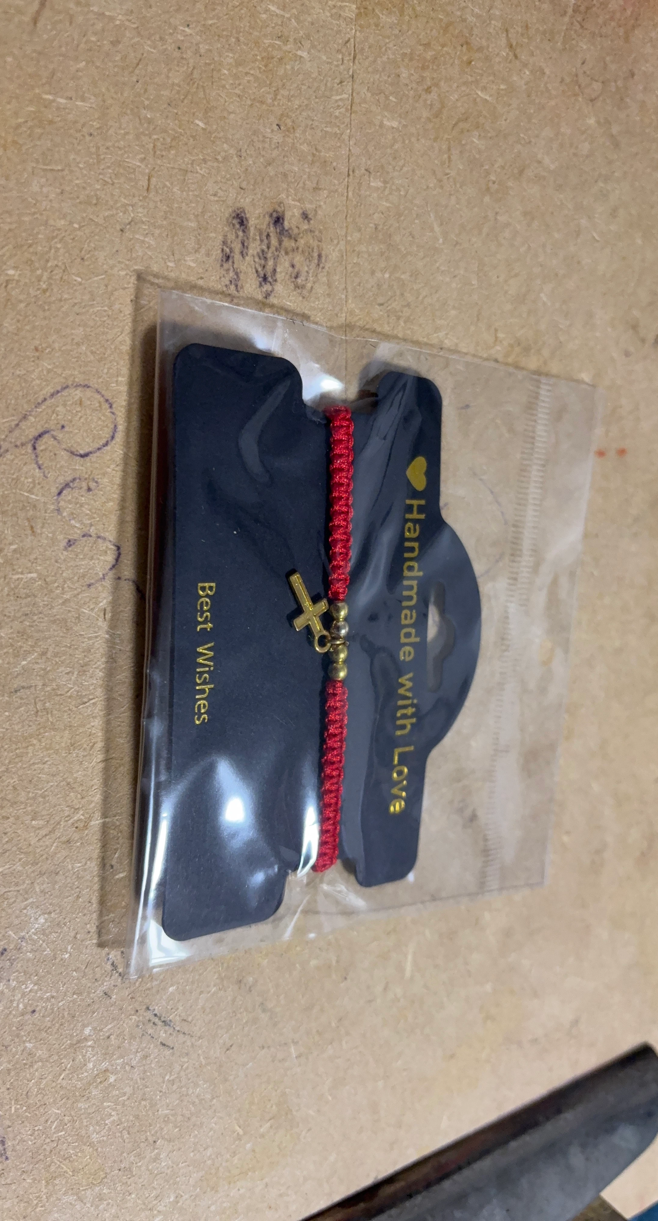Red Cord Bracelet with Gold Cross Charm