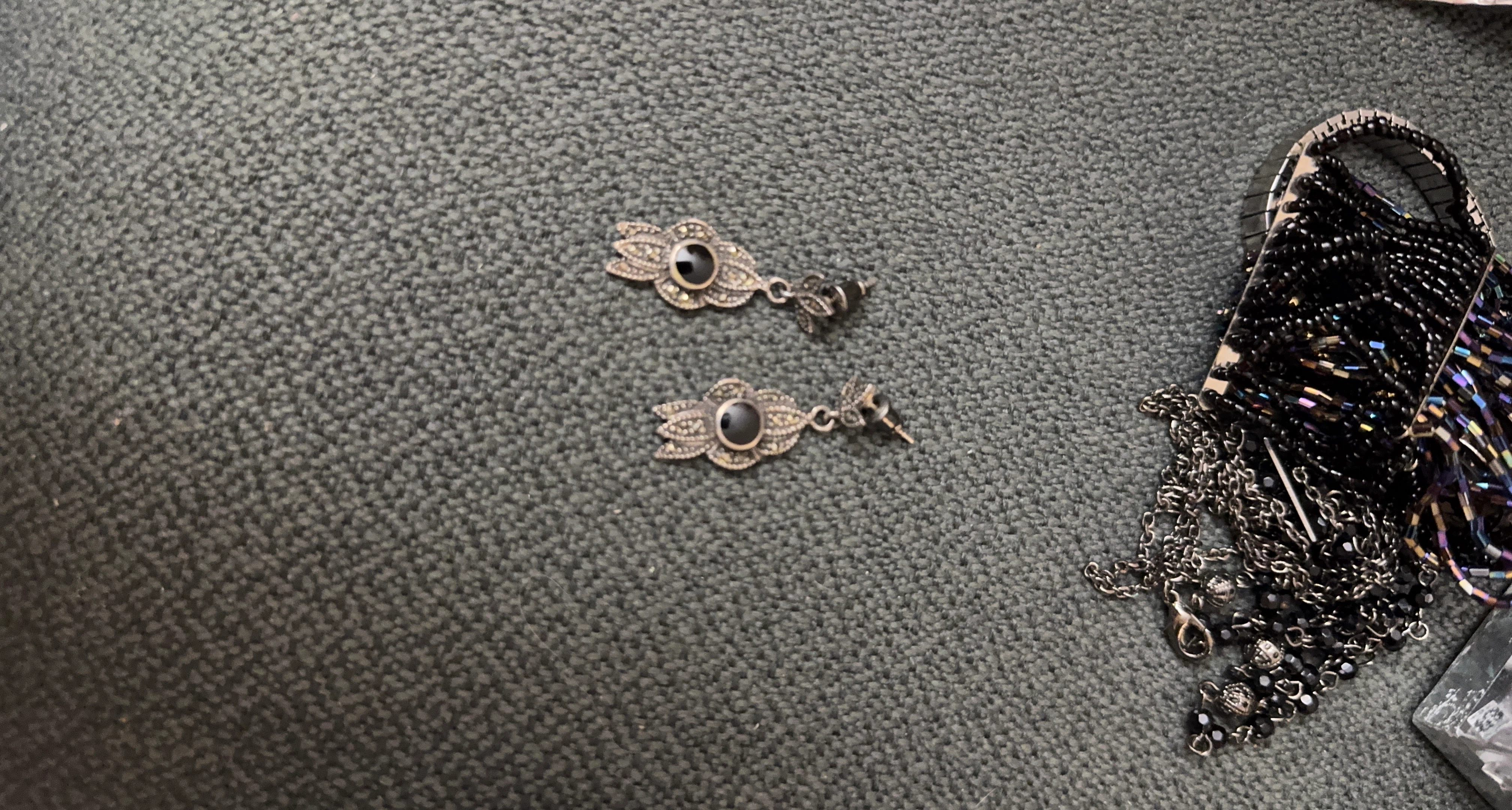 Silver Tone Dangling Earrings with Black Onyx Accents