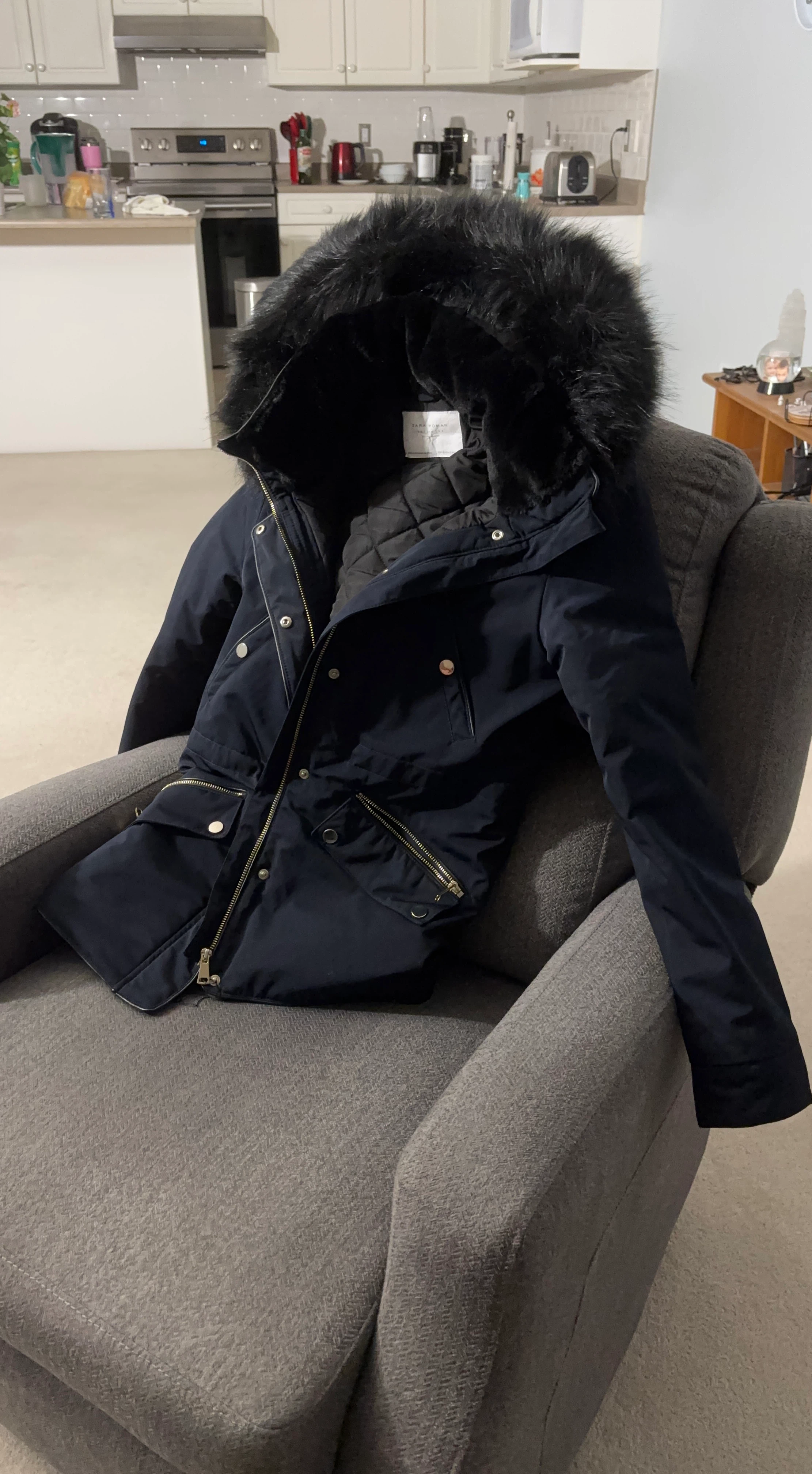 Zara Woman Navy Parka with Fur Trim