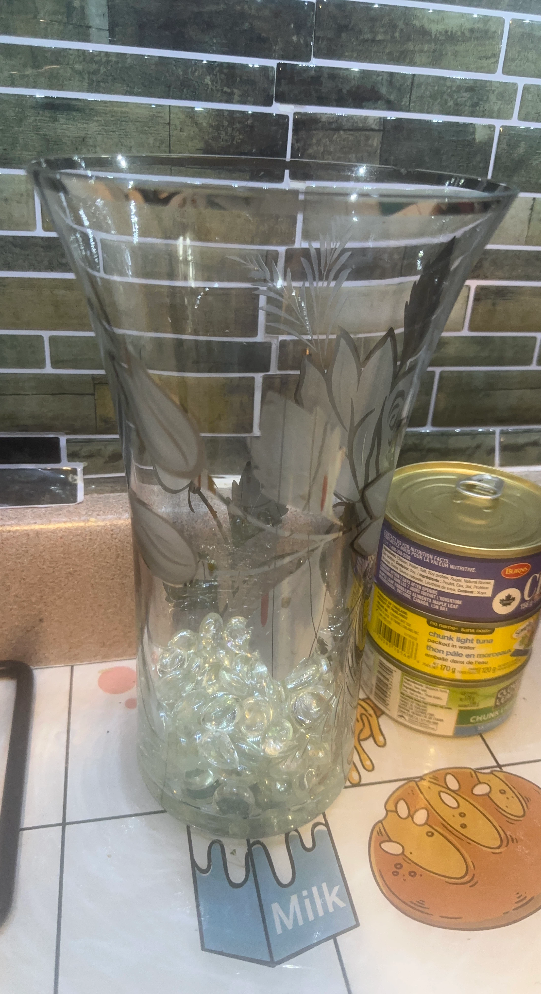 Clear Glass Vase with Etched Floral Design