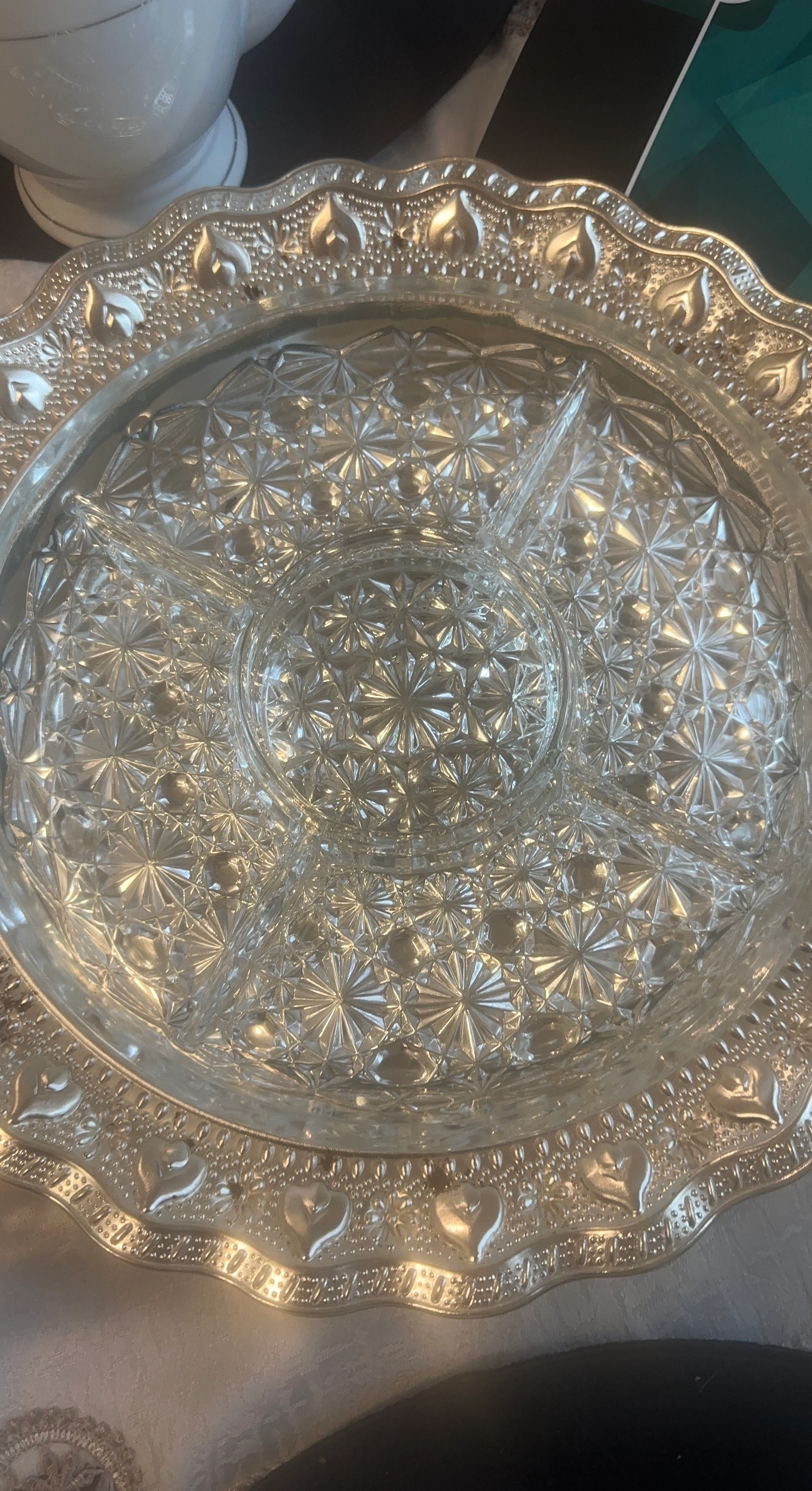 Ornate Glass and Silver-Tone Divided Serving Tray