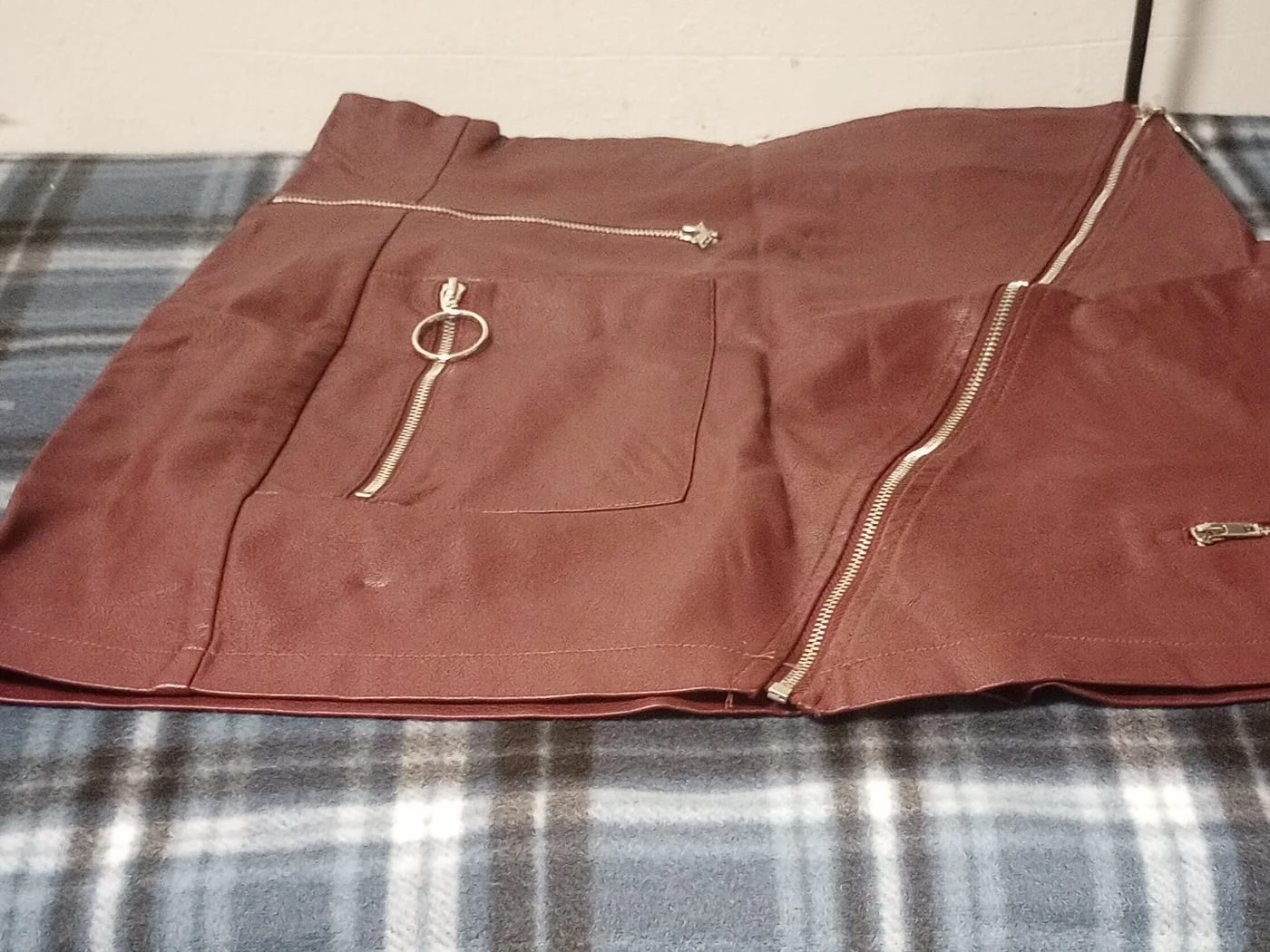 Maroon Faux Leather Mini Skirt with Zipper Detail
