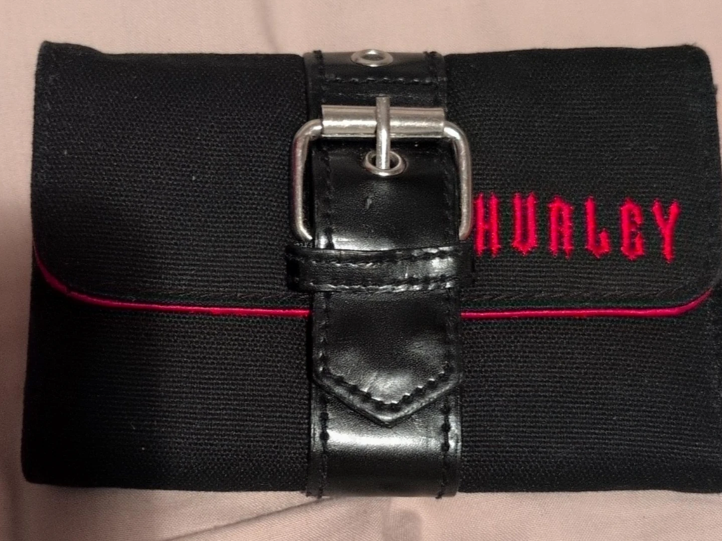 Hurley Black Canvas Roll-Up Pouch with Buckle