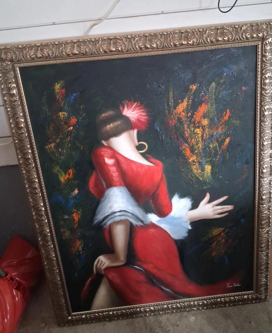Framed Oil Painting of a Woman in Red