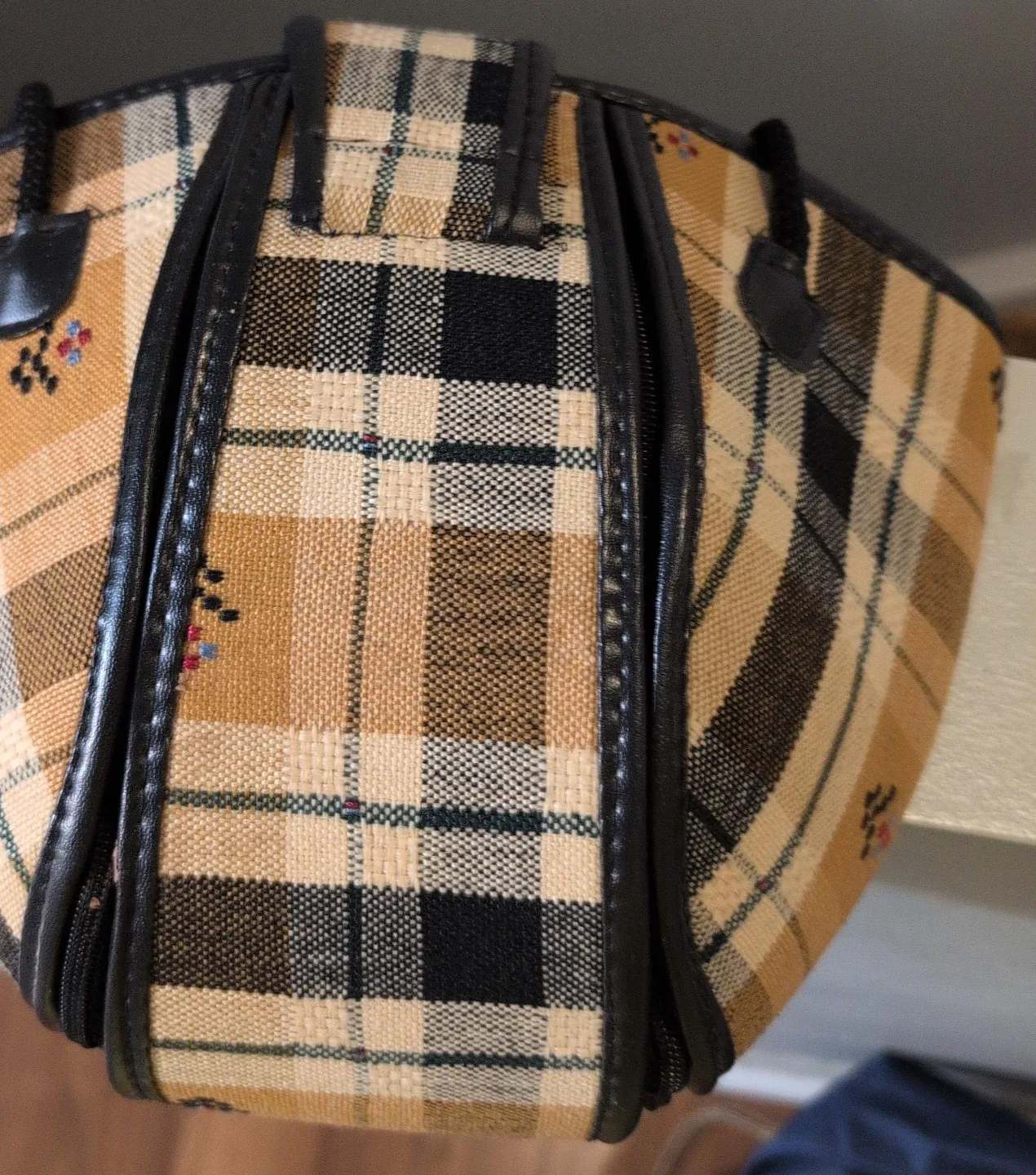 Plaid Print Handbag with Faux Leather Trim
