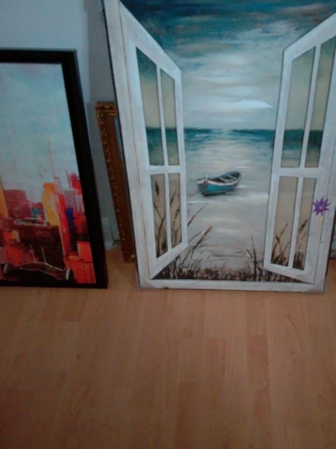 Painting of a boat scene through an open window